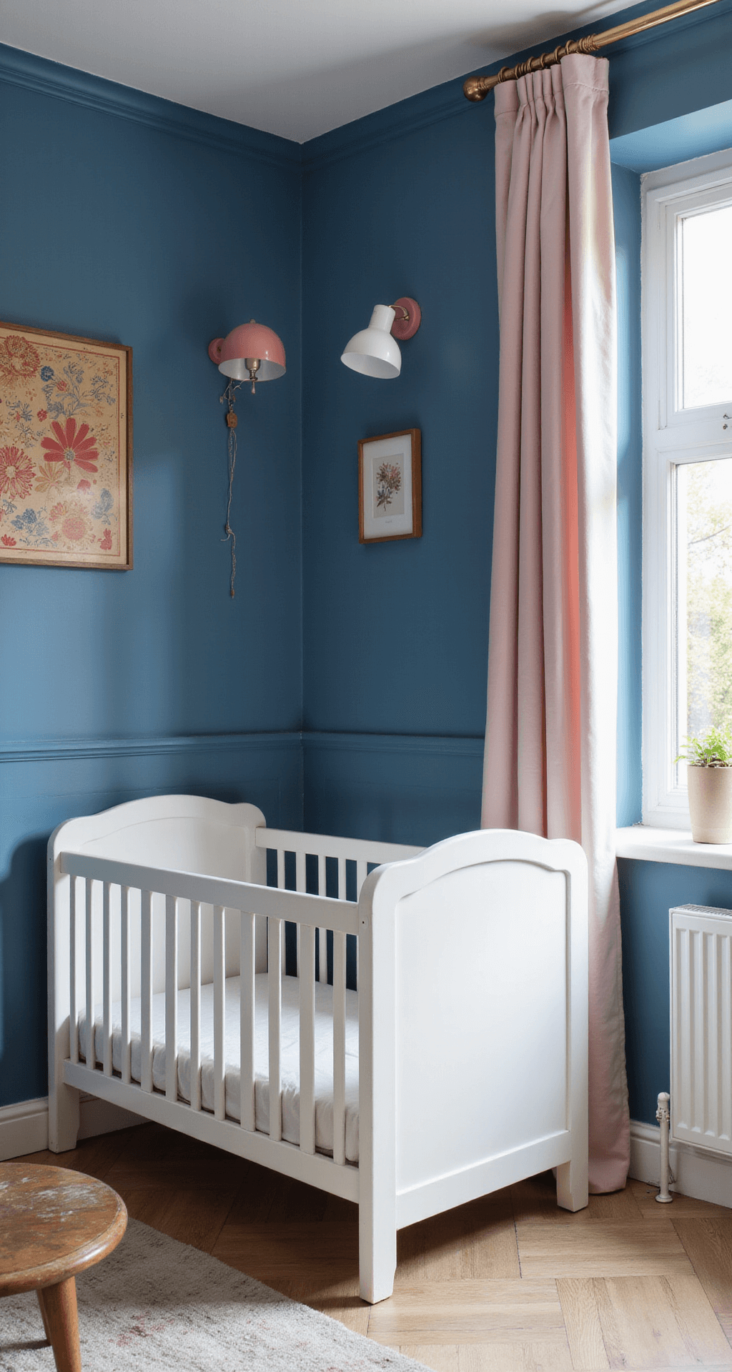 Sfeervolle babykamer van 4x4m met donkerblauwe accentwand en sterrenpatroon, wit metalen ledikant, messing wandlampen, vintage wereldkaart, lavendelgrijs fluwelen vloerkleed en rotan speelgoedmand, verlicht met gerichte spotverlichting voor een magische, rustgevende sfeer.