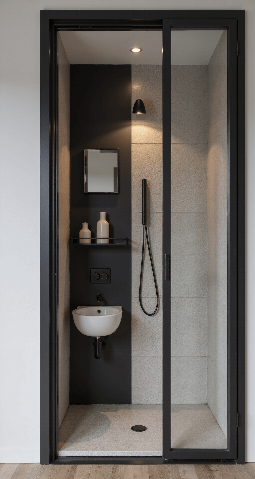 Industriële hoek-inloopdouche in compact appartement met zwarte stalen frame, helder glas, antraciet betonlook tegels en zwarte regendouche. Avondlicht met LED-spots en vintage koperen handdoekrek. Camera perspectief vanuit deuropening.