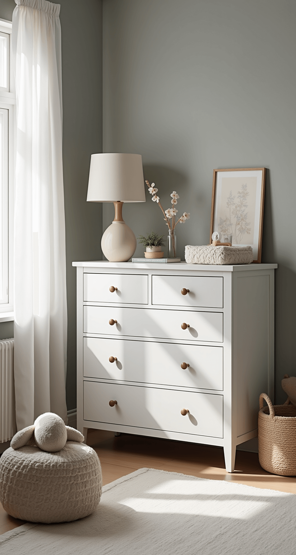 Een ruime babykamer met een witte HEMNES commode tegen een lichtgrijze muur, verlicht door ochtendzon. De commode is gestyled met opbergmandjes, een beige aankleedkussen en een houten mobiel. Pastelkleurige accessoires en een rond vloerkleed maken de ruimte af.