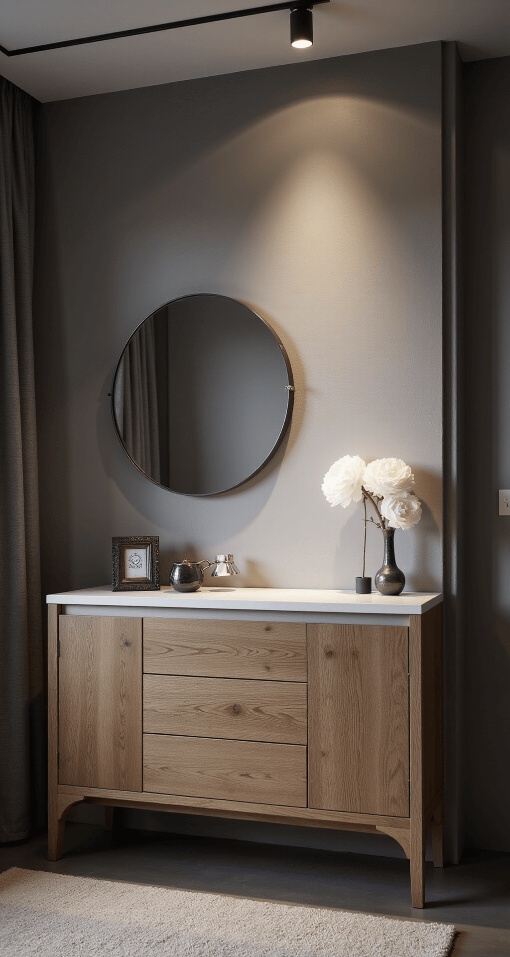 Moderne antraciet MALM commode in een minimalistische babykamer met hoge plafonds, verlicht door late middaglicht dat lange schaduwen op de lichthouten vloer werpt, omgeven door ronde opbergmanden en een geometrisch wandkleed, met strategisch geplaatste LED-spots voor werklicht.