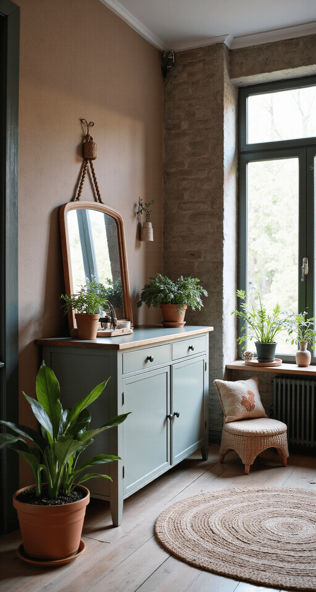 Gezellige hoek met HEMNES commode in zachtgrijs, omringd door botanische wanddecoratie en diffuus natuurlijk licht door melkglas ramen. Rotan details, hangende plantenbakken en een vintage kinderstoel zorgen voor warmte, met natuurlijke materialen en aardetinten die domineren.