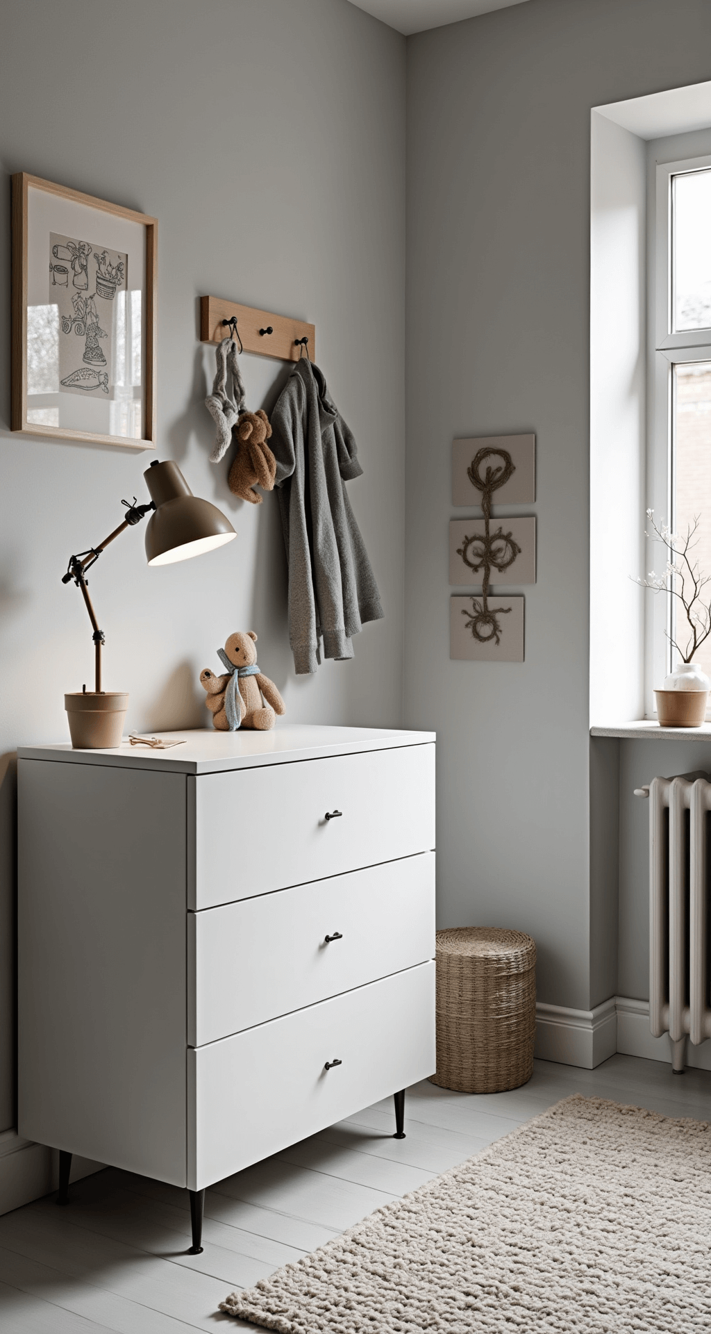 Ruime kinderkamer met witte MALM commode, schuine wanden en bamboe rolgordijnen die ochtendlicht filteren. Monochroom kleurenschema met houten accenten en zwart framewerk, minimalistische styling en functionele opbergsystemen. Laag standpunt en dramatisch perspectief met high-key belichting.