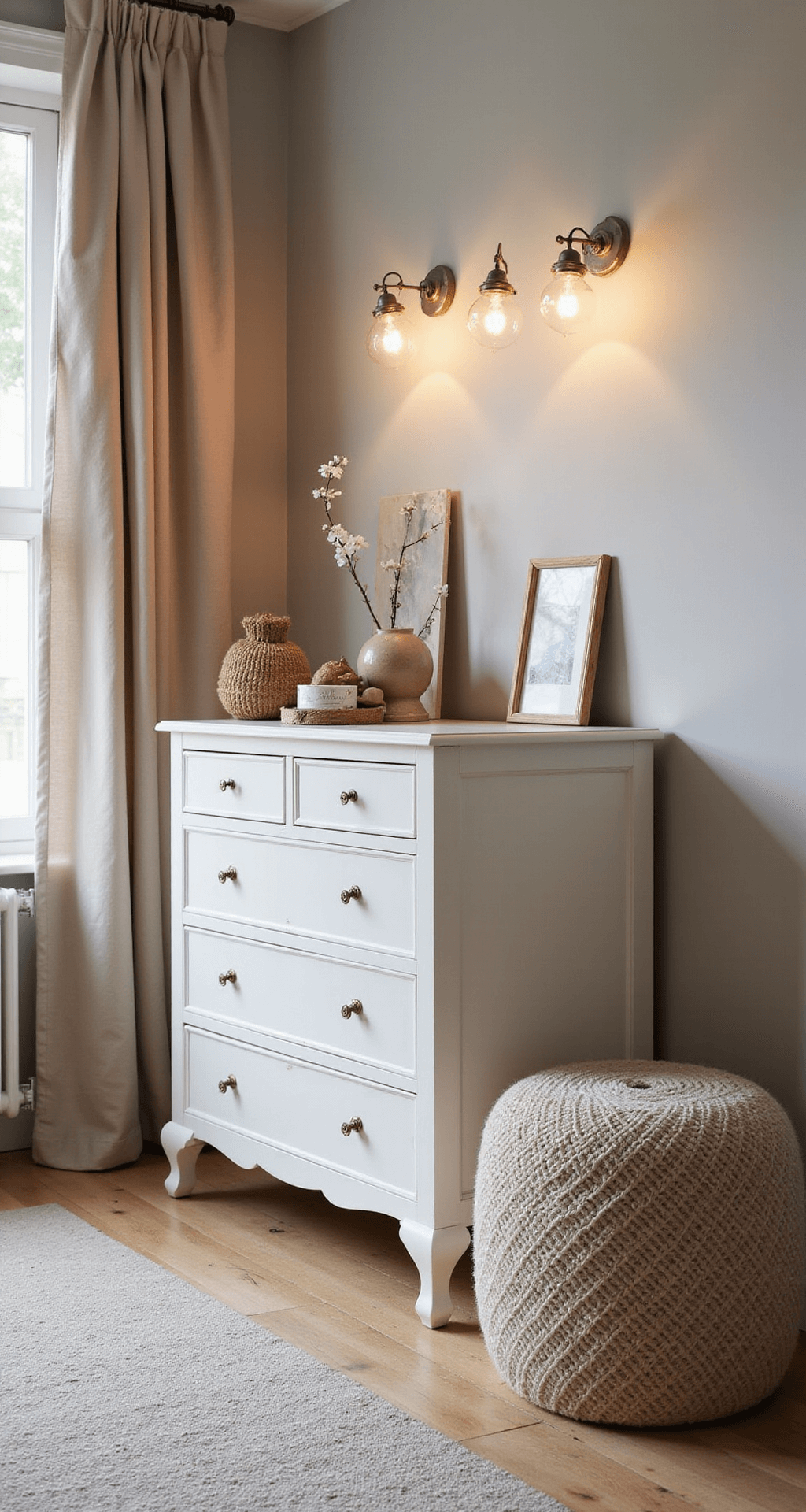 Intiem close-up van een knusse babykamer met HEMNES commode in traditioneel wit onder een rond venster, warme wandlampen creëren een gezellige sfeer, vintage accessoires en een klassieke schommelstoel zorgen voor een nostalgisch gevoel.