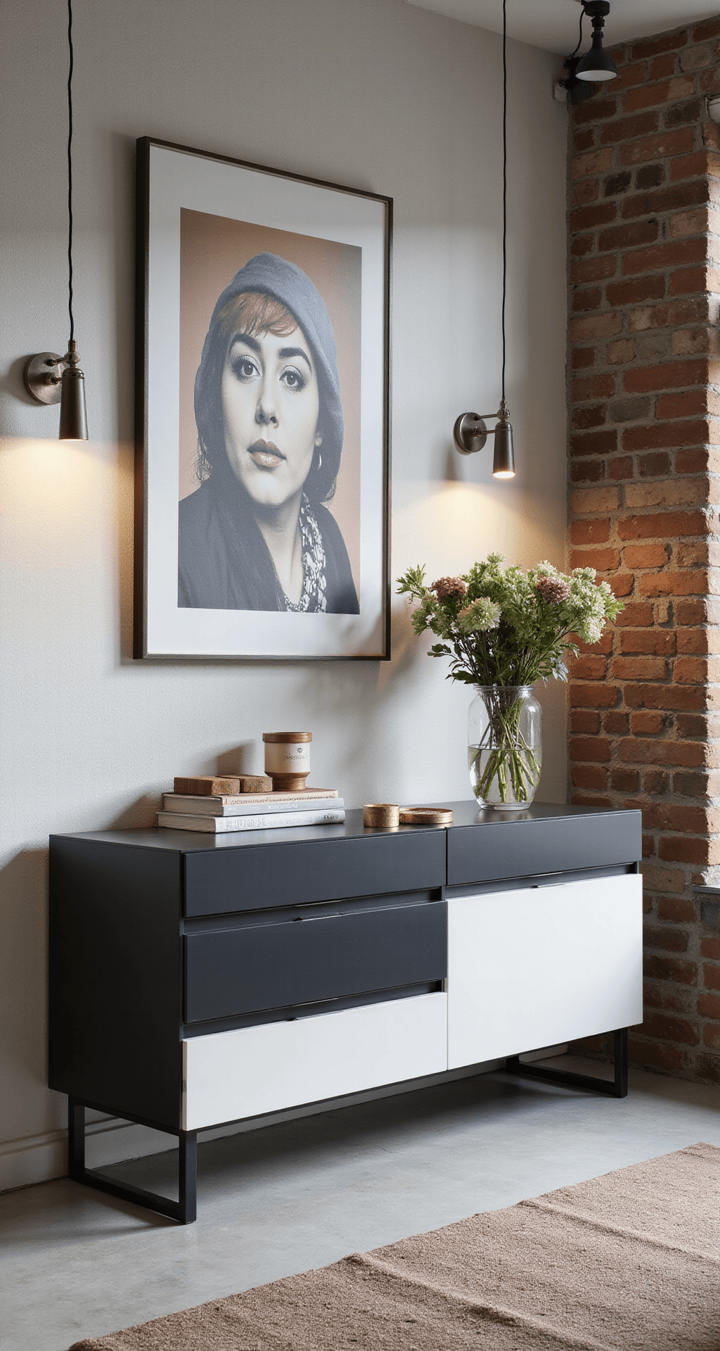 Moderne studio-opstelling met MALM commode tegen een betonlook wand, industriële hanglampen, zwart-wit basis en felgekleurde geometrische accenten, metalen opbergaccessoires en grafische wandkunst, commercieel gefotografeerd met technische belichting.