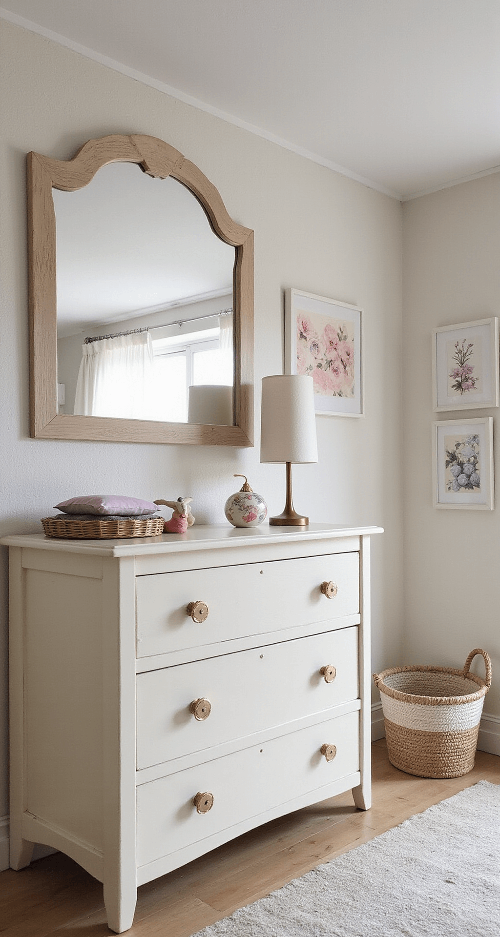 Een landelijke babykamer van 3.5x4.5m met een crèmewitte HEMNES commode, verwarmd door middaglicht dat door een erkerraam schijnt. De ruimte heeft kanten gordijnen, shabby chic elementen, bloemenprints en pastelkleuren, wat zorgt voor een romantische sfeer. Vintage spiegels en handgemaakte decoraties vullen de kamer aan. Beeld vanuit de deuropening in documentaire stijl met natuurlijke belichting.