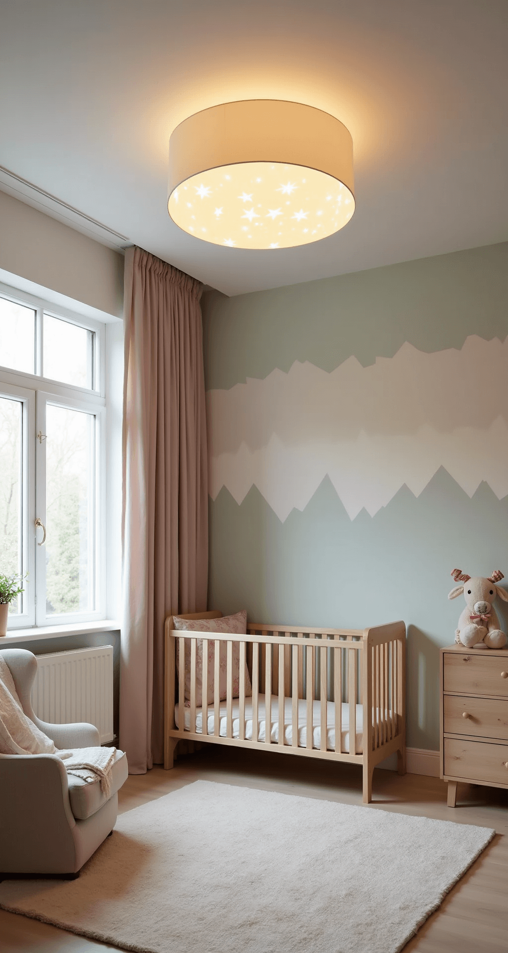 Moderne babykamer van 4x5m met zachte pasteltextielen, naturel houten meubels en een grote dimbare LED-plafondlamp. Zacht ochtendlicht valt door hoge ramen met lichte linnen gordijnen, met een warme sfeer van zachte schaduwen.