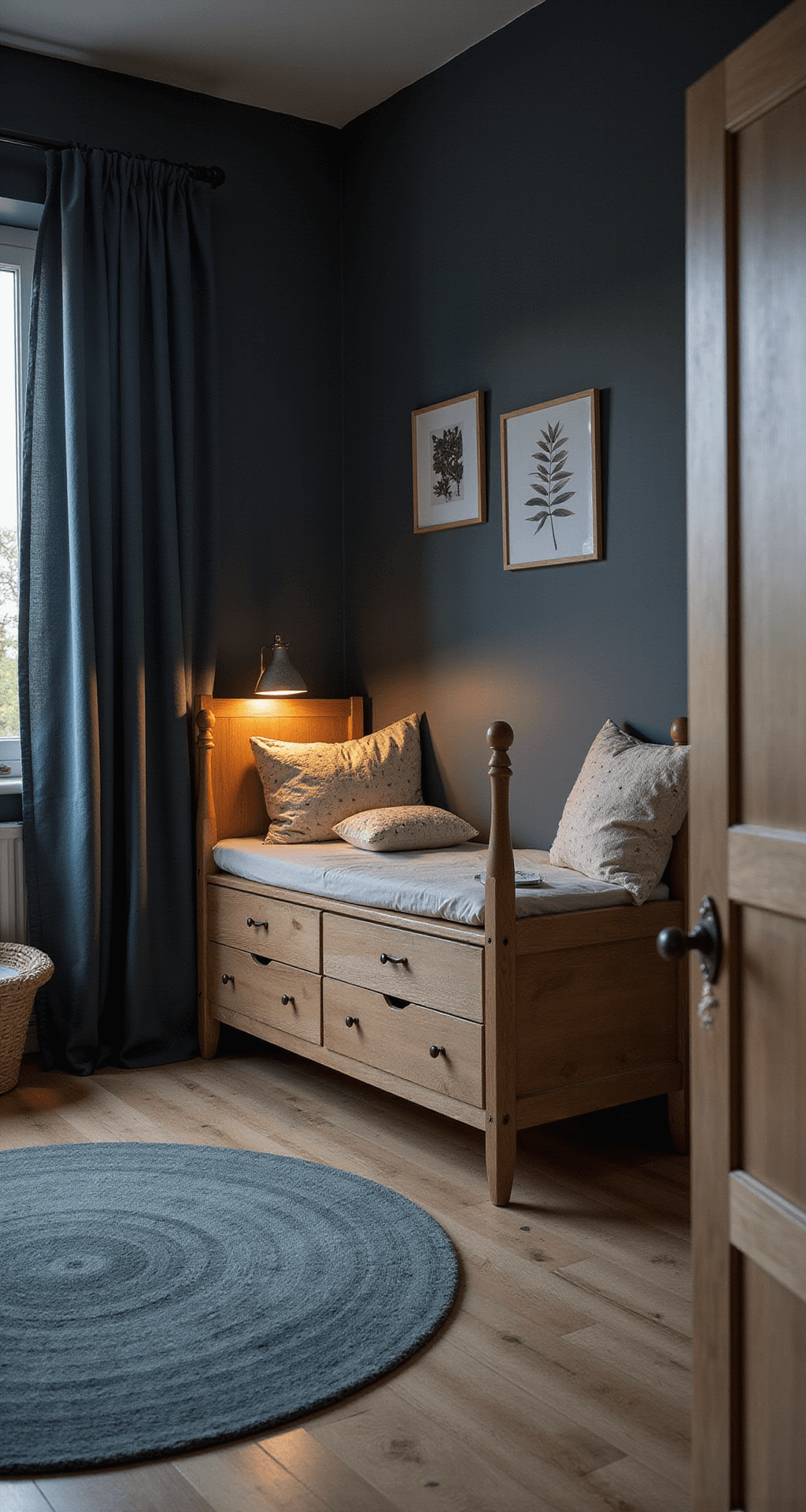 Knusse babykamer in schemerdonker met maanlicht dat door bamboe rolgordijnen filtert. Klein LED-nachtlampje projecteert sterren op nachtkastje. Donkerblauwe accentmuur en warme grijze muren. Vintage houten meubels met witte details en een gehaakte deken op de schommelstoel. Intieme sfeer met zachte knuffels en botanische prints aan de muur.