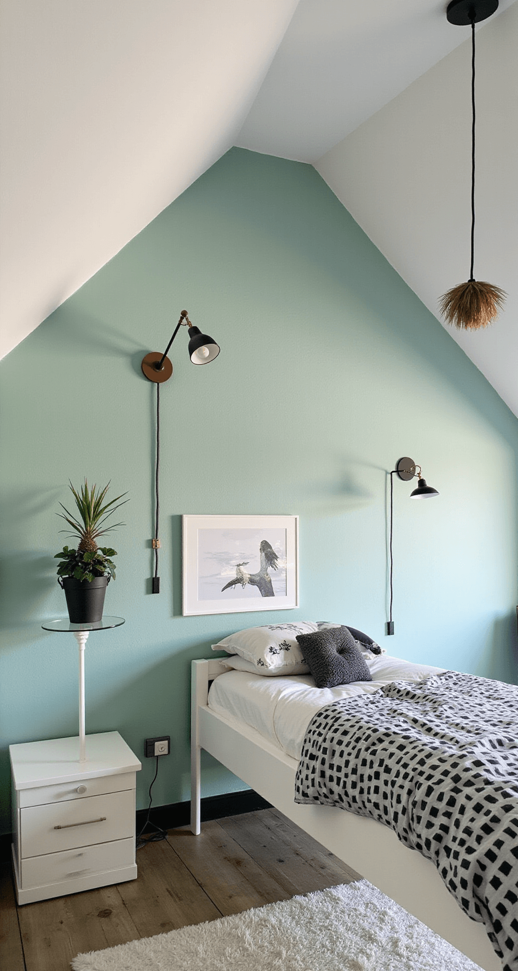Moderne kinderkamer in een hoekruimte van 5x6m met mintgroene muren, witte hoogglans meubels en designer messing wandlampen. Geometrische vormen creëren interessante schaduwen in het middaglicht. Scandinavische stijl met grafische prints, een zwart-wit tapijt, abstracte wanddecoratie, metalen accessoires en velours kussens in okergeel, gezien vanuit een vogelperspectief.