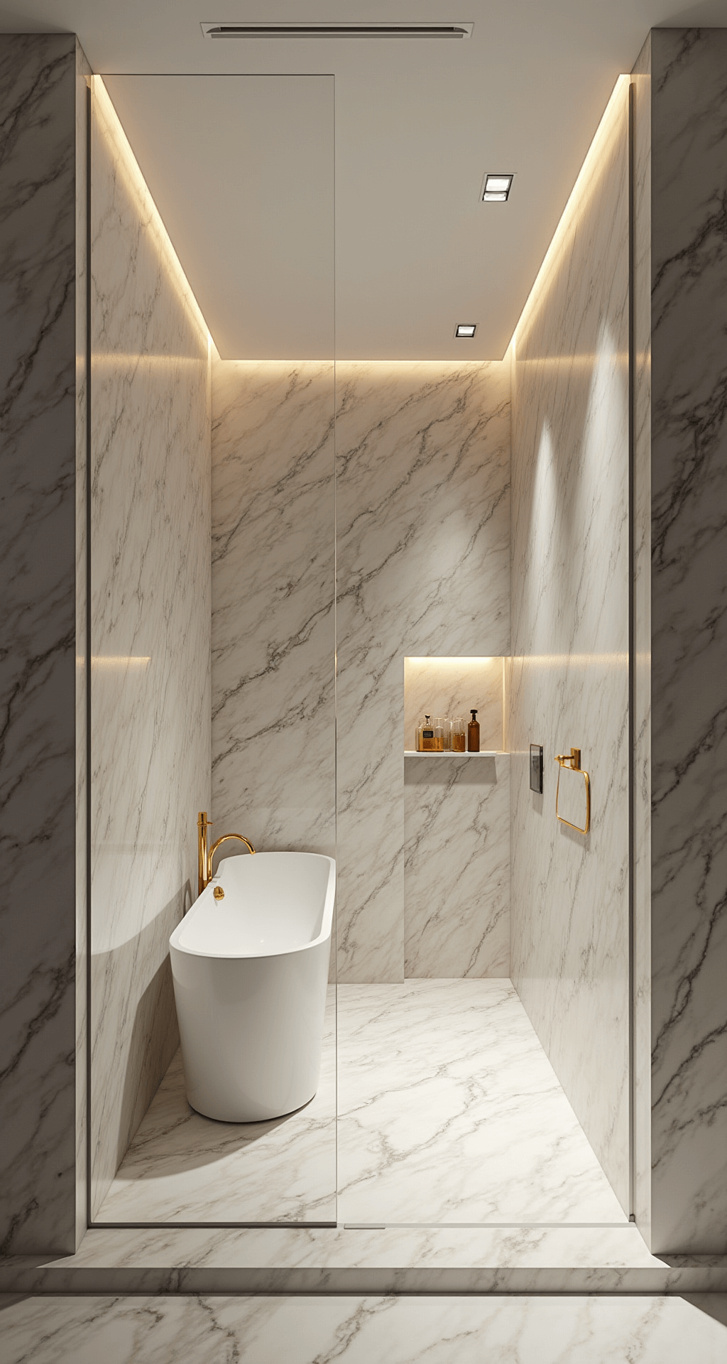 Luxe inloopdouche van 3x2.5m met Calacatta Gold marmer, verlichte nissen met LED-strips, geborsteld gouden kranen, naadloze glazen wand en verwarmde visgraatvloer, voorzien van ingebouwde plafond speakers.