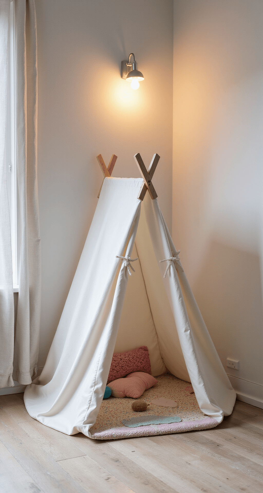 Speelhoek voor peuters met zachte foam speelmat, afgeronde LED-wandlamp met dierenmotief, en lage opbergsystemen in wit met pastelkleuren, alles in een warme, veilige sfeer.