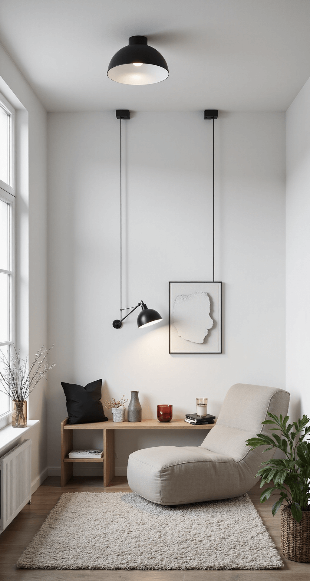 IKEA-geïnspireerde budgetkamer van 4x4m met slimme verlichting, witte basis, kleurrijke accessoires, praktische opbergruimte, zwart-wit textiel en felgekleurde speelelementen.