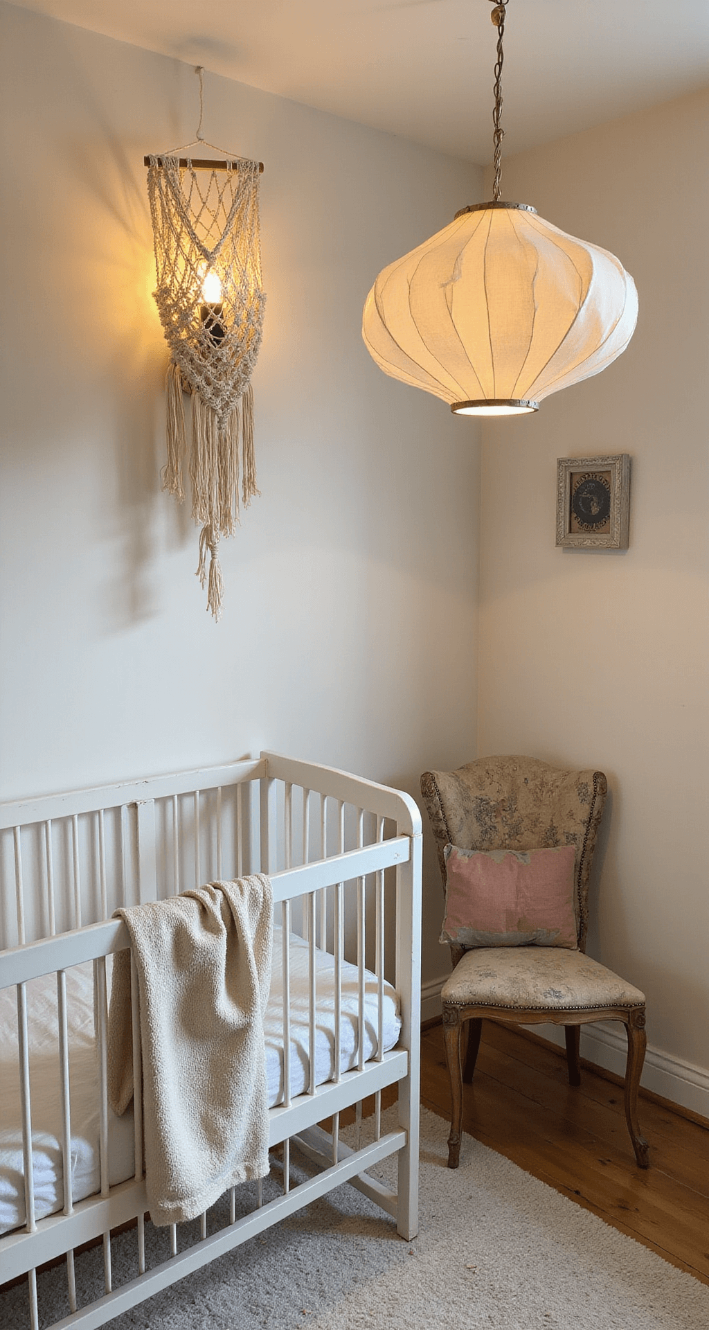 Handgemaakte sfeerverlichting in een vintage babykamer met crème muren en verweerd hout, antieke meubels, een papieren lampion en macramé wandlamp. De ruimte heeft bohemian details, zoals vintage speelgoed en gedroogde bloemen, met een romantische sfeer vanuit het vloerniveau gefotografeerd.