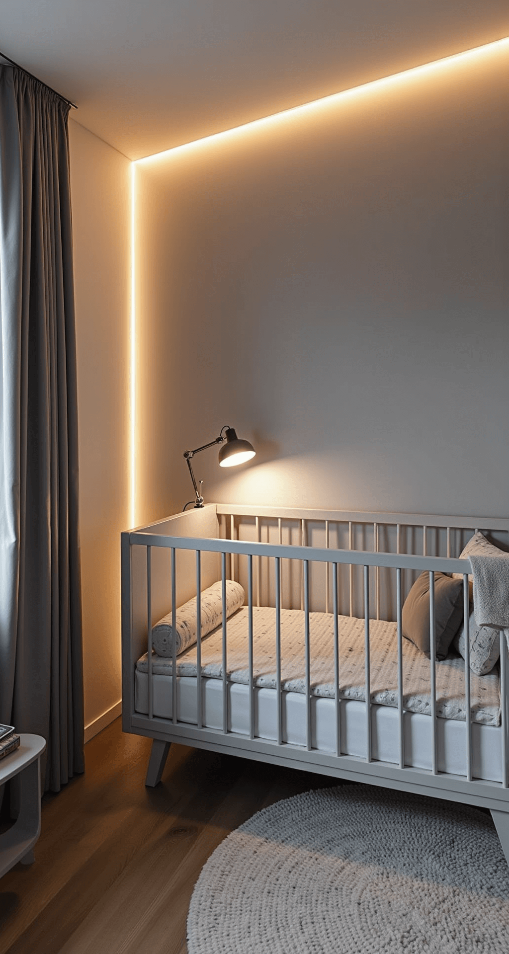 Moderne babykamer van 5x5m met smart verlichting, Philips Hue kleurveranderende strips en lamp, grijze basis met metallic accenten, minimalistische meubels en LED-displays voor babymonitor, technologische elementen en lichteffecten.