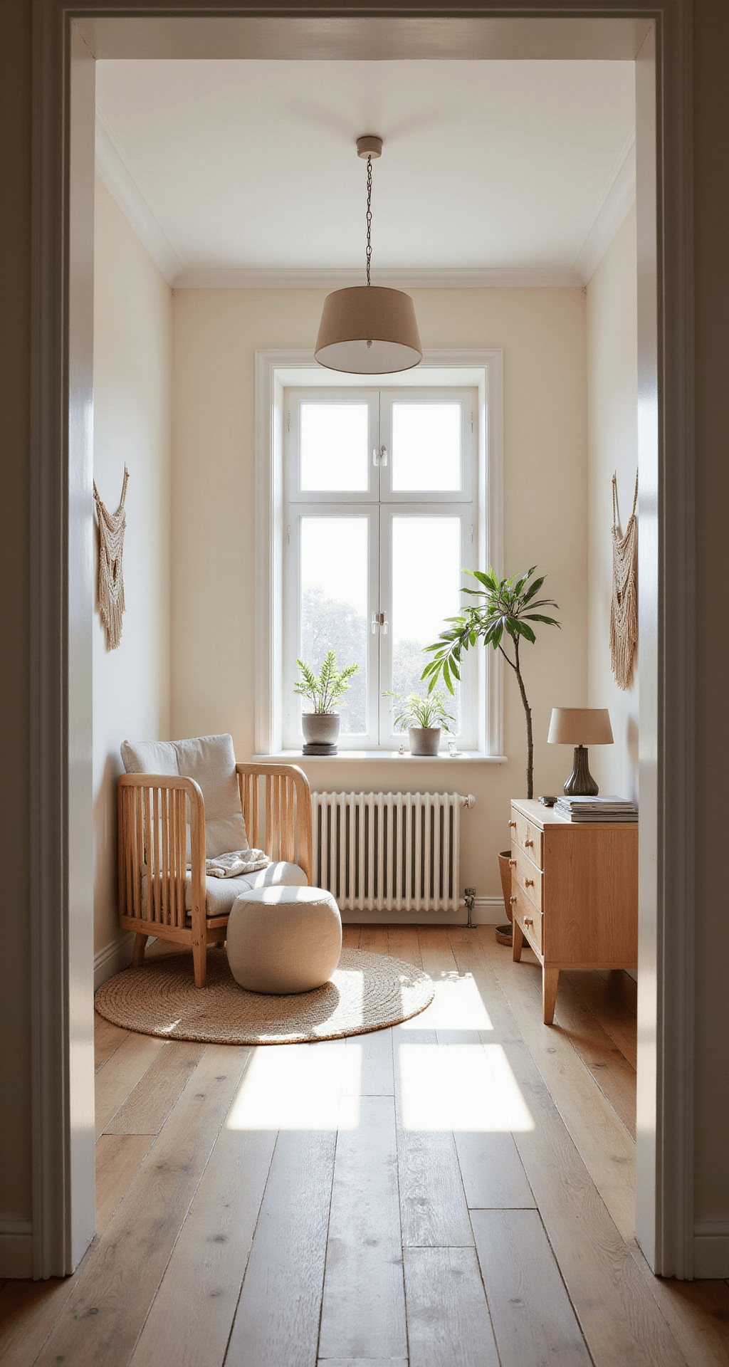 Een sfeervolle babykamer van 4x4 meter in ochtendlicht, met crèmekleurige muren, een licht eikenhouten vloer, een houten ledikant met linnen hemeltje, een rotan schommelstoel, een houten commode en een macramé wandhanger.