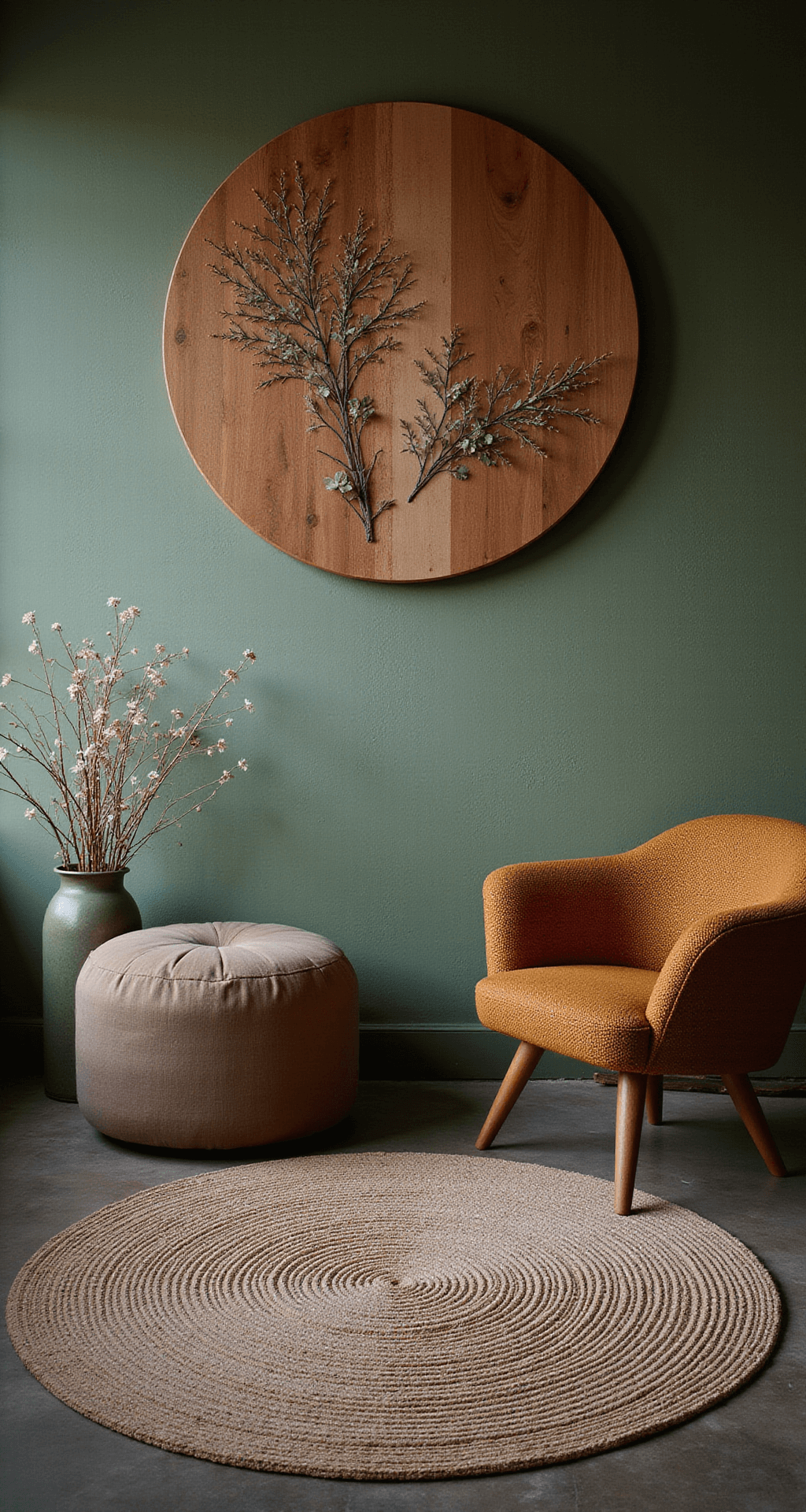 Close-up van een serene speelhoek met een juten vloerkleed en een houten regenboog in natuurtinten, voor een zachtgroene muur met botanische prints. Links een lage opbergbank van onbehandeld hout met rieten manden, verlicht door warme zonnestralen.