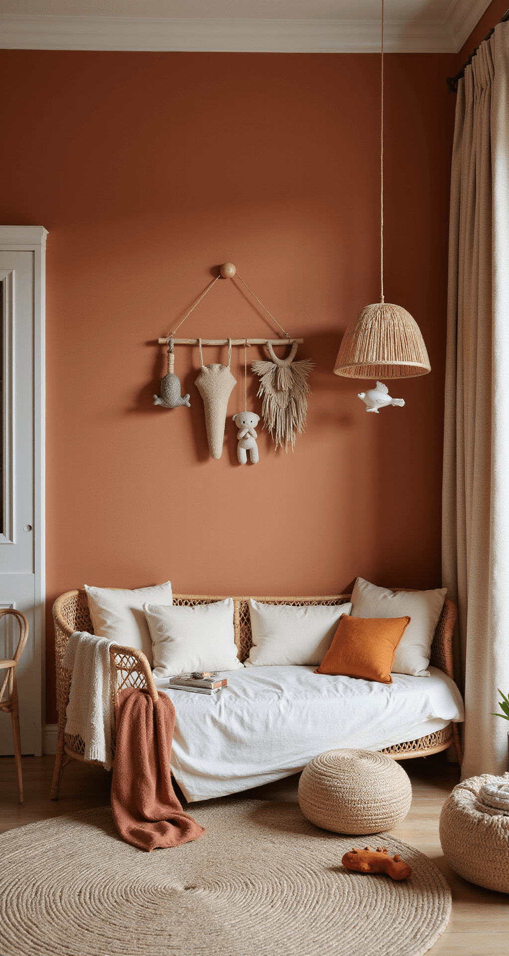 Overzichtsfoto van een L-vormige babykamer met terracotta accentmuur, beige wanden, vintage rotan wieg, wolken mobile in natuurtinten, houten wandplanken met duurzaam speelgoed, dried pampas en linnen gordijnen in warmbeige die het avondlicht filteren.