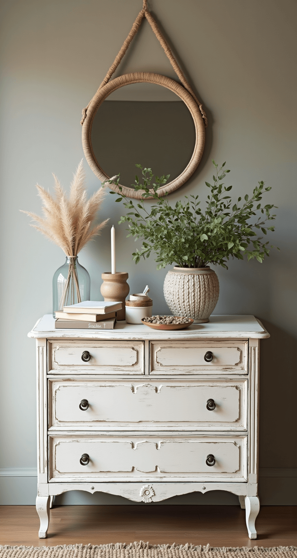 Detail van een verschoonhoek met een witte houten commode tegen een taupekleurige muur, een rond bamboe spiegeltje erboven, gevouwen hydrofiele doeken in ecru en zand in open vakken, een rieten wasmand ernaast, en kleine hangplantjes in macramé hangers.