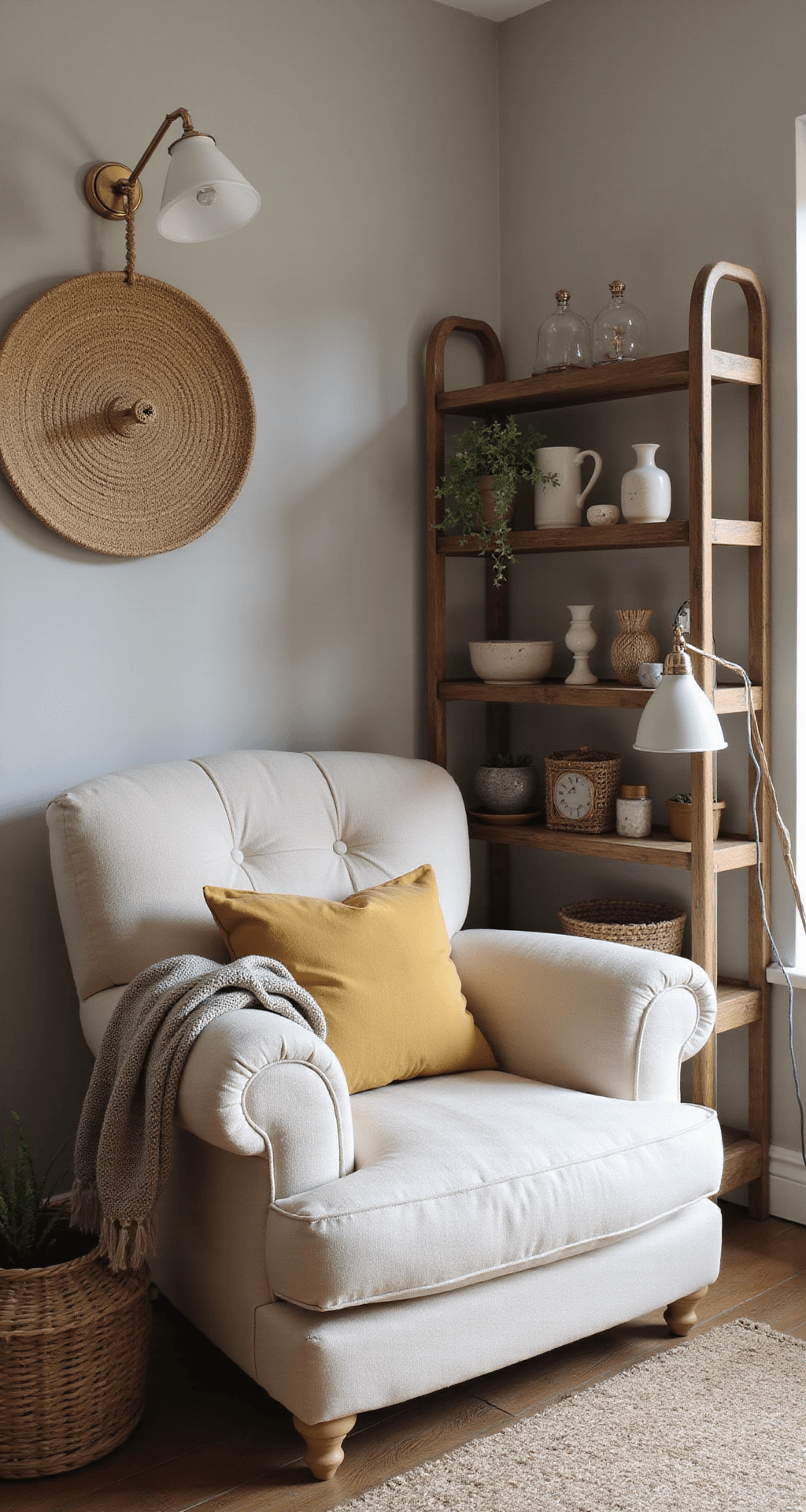 Sfeerfoto van een knusse leeshoek met een beige linnen fauteuil, dimbare wandlamp met rotan kap, een houten boekenrek vol prentenboeken, een okergeel kussen, een gebreide plaid en een zachte vloerlamp, allemaal gezien vanuit kind-perspectief in de schemerige namiddag.