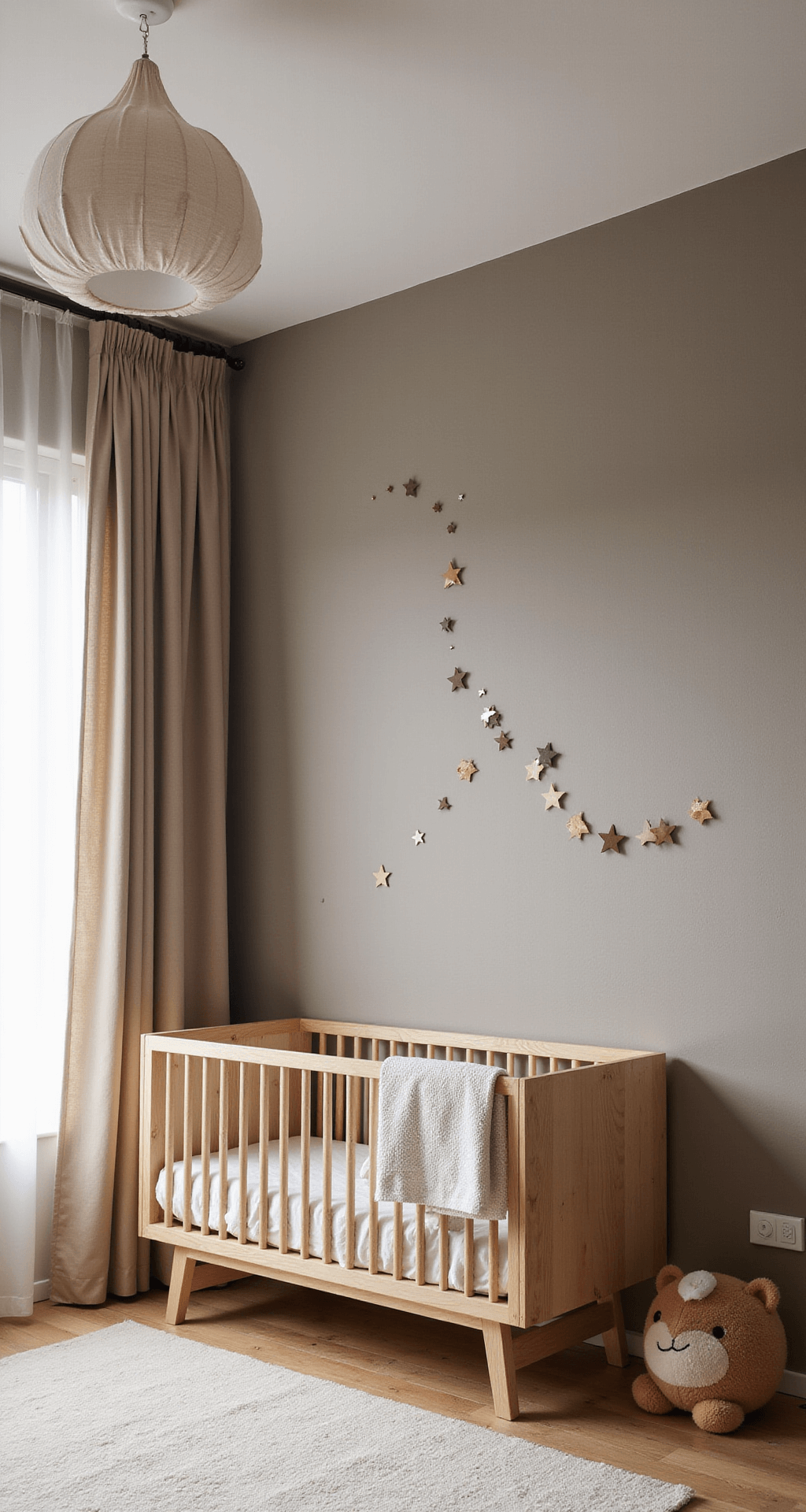 Minimalistische babykamer van 4x3m met zachtgrijze muren, warm houten elementen, centraal ledikant met champagne kleurige linnen hemel, abstracte wanddecoratie van een houten maan en sterren, en een rotan speelgoedmand met een houten activity gym, gefotografeerd voor een symmetrische compositie in natuurlijk middaglicht.