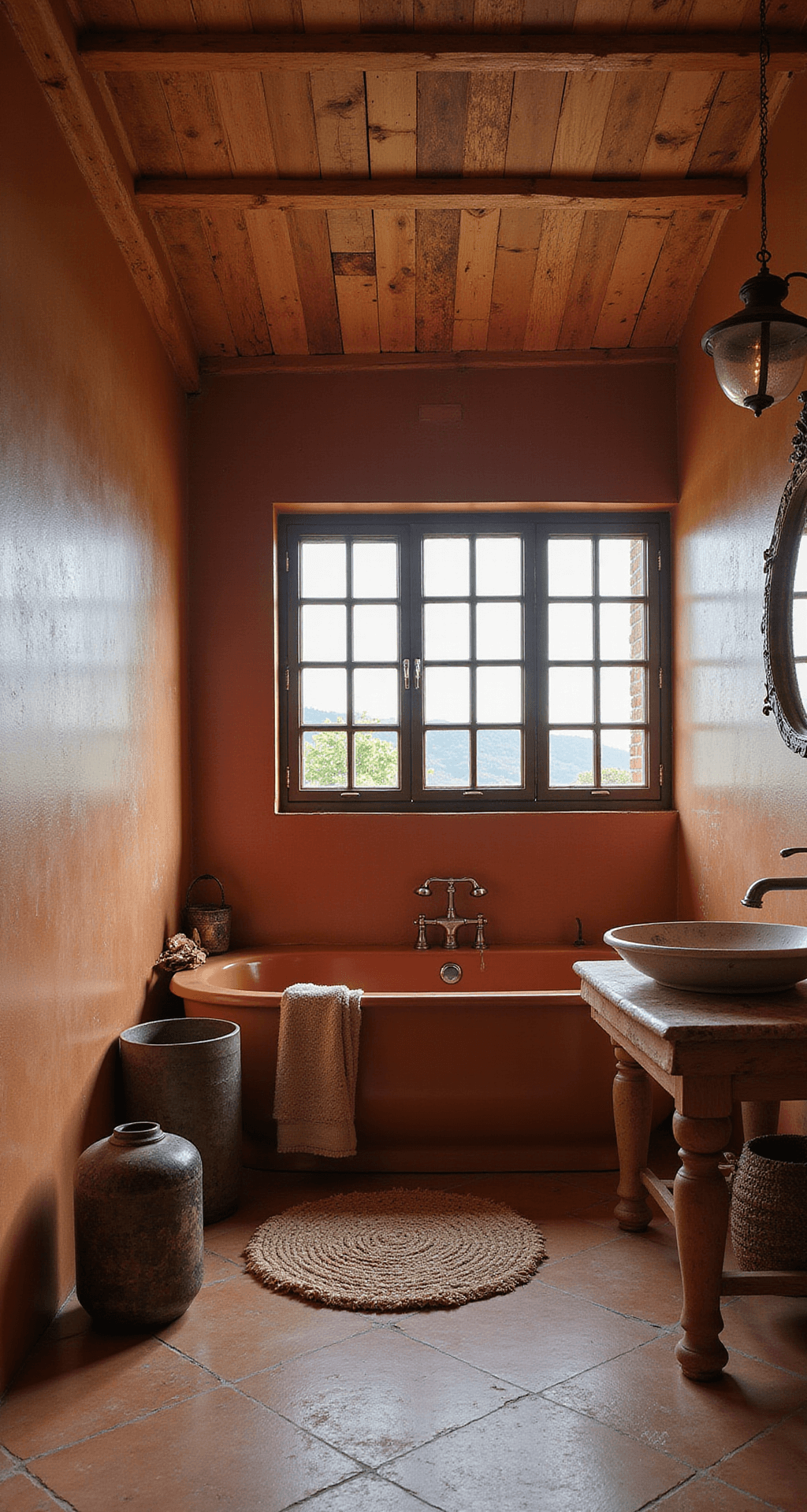 Warme, rustieke badkamer bij zonsondergang met Zellige tegels, houten balken, natuurstenen vloer, koperen accessoires, rieten manden en Marokkaanse lantaarns.