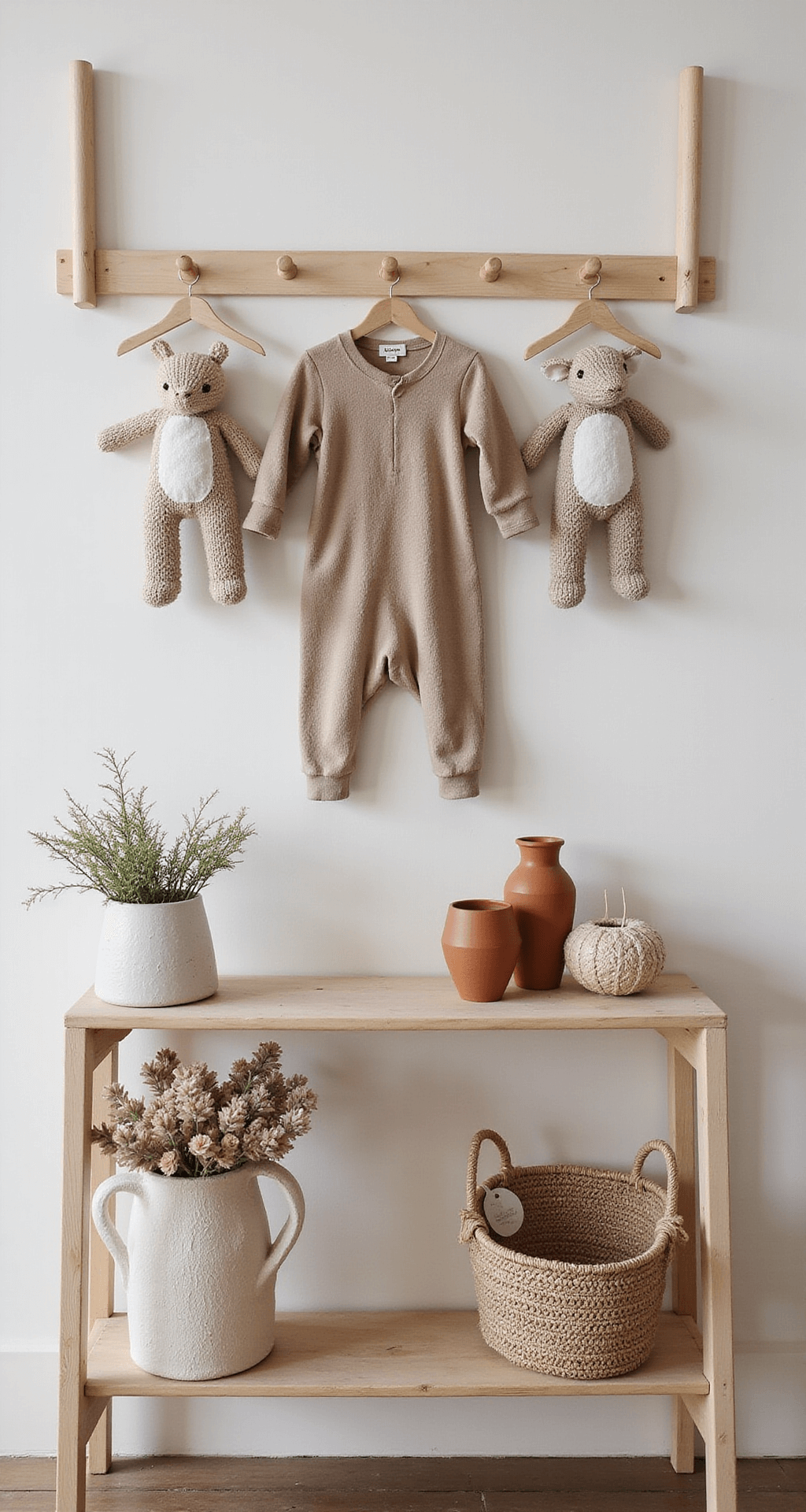 Detailopname van open kastensysteem in licht eiken met rieten manden, natuurlijke babykleding op houten hangers, en decoratieve takken in een grote terracotta vaas, verlicht door ochtendlicht.