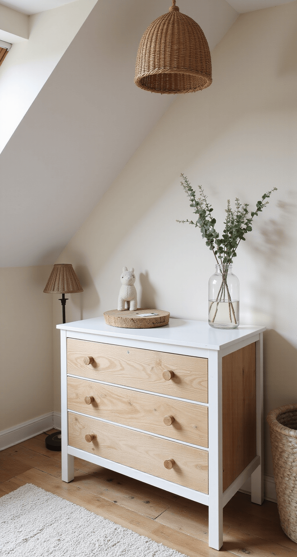Ruime, lichte babykamer met een wit houten ledikant, naturel rotan details, zachtbeige muren en een terra accentwand. Natuurlijke houten commode met verschoningskussen, rotan hanglamp en zandkleurig hoogpolig vloerkleed. Jungle thema in zwart-wit prints, gefotografeerd tijdens het gouden uurtje.