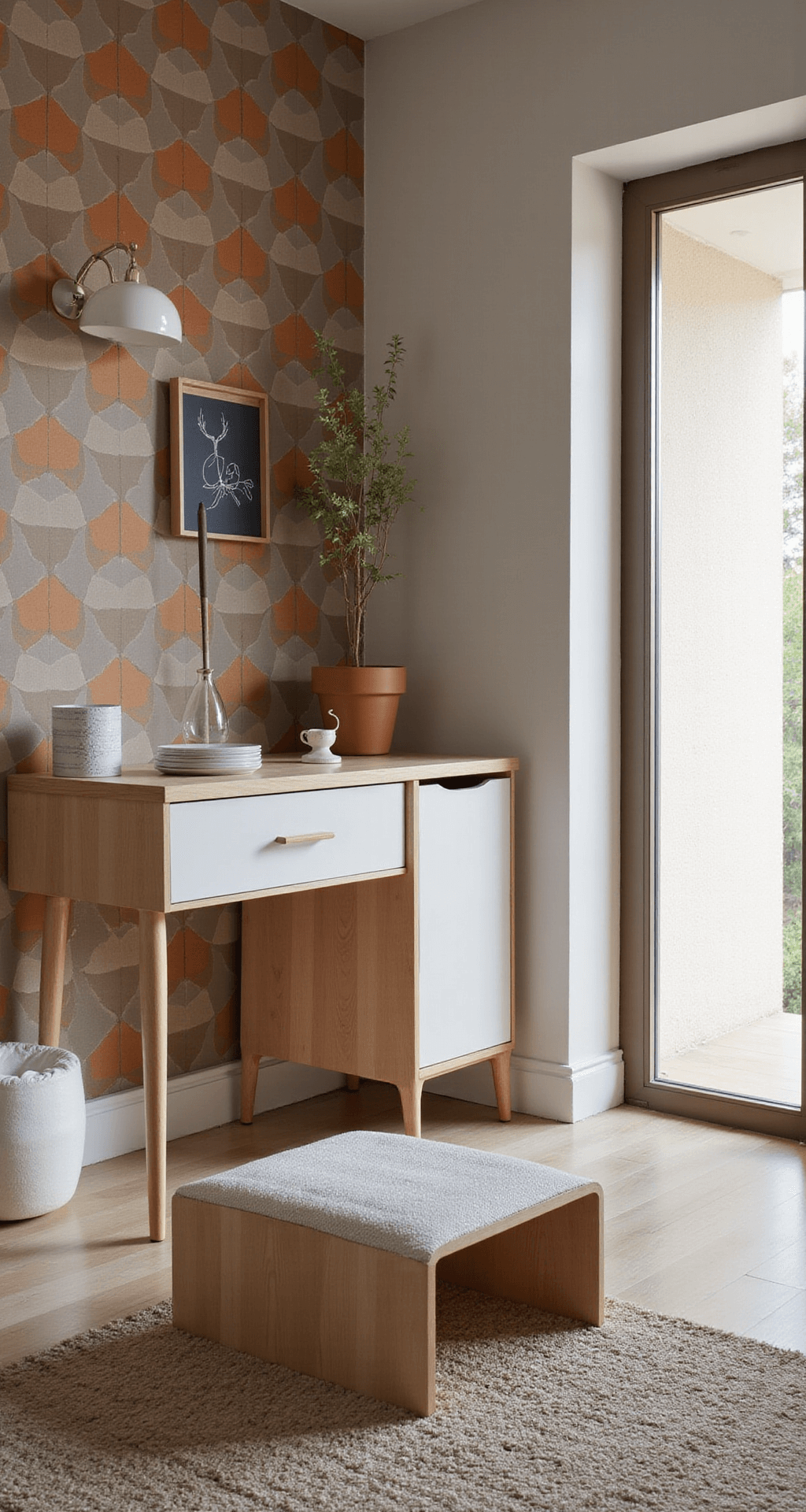 Compacte babykamer met multifunctionele commode-kast in licht eikenhout tegen een zachtgrijze muur, verlicht door noordelijk daglicht dat door linnen gordijnen filtert. Retro-geïnspireerde schommelstoel in bouclé stof en handgeweven wandkleed met geometrische patronen in terra en beige, met rotan opbergmanden onder de verzorgingstafel. Low angle shot vanuit de deur voor een ruimtelijk effect.