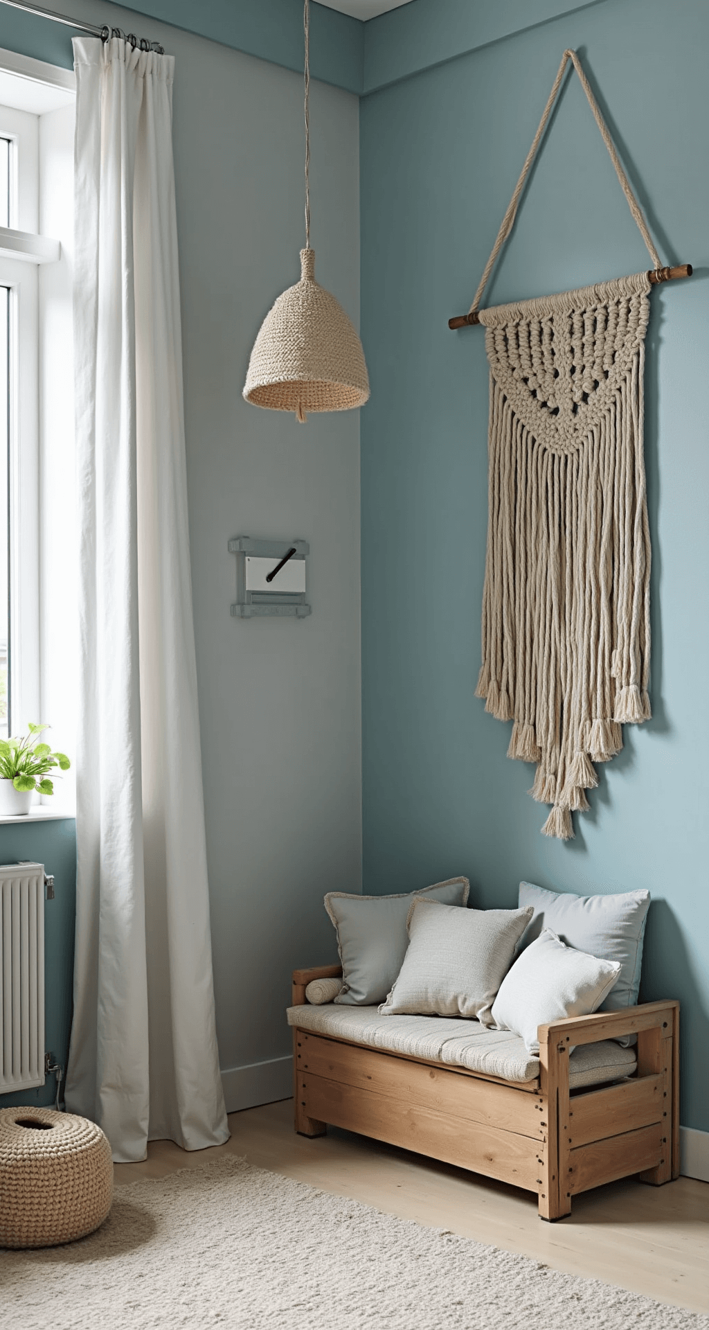 Vierkante kinderkamer met zee- en strandthema, zachtblauwe ombré muurverf, wit metalen ledikant met linnen hemel, handgemaakte macramé wanddecoratie, vintage houten speelgoedkist, rotan lampenkap met schelpmotief en een zandtinten vloerkleed, gezien vanuit een hoog standpunt.