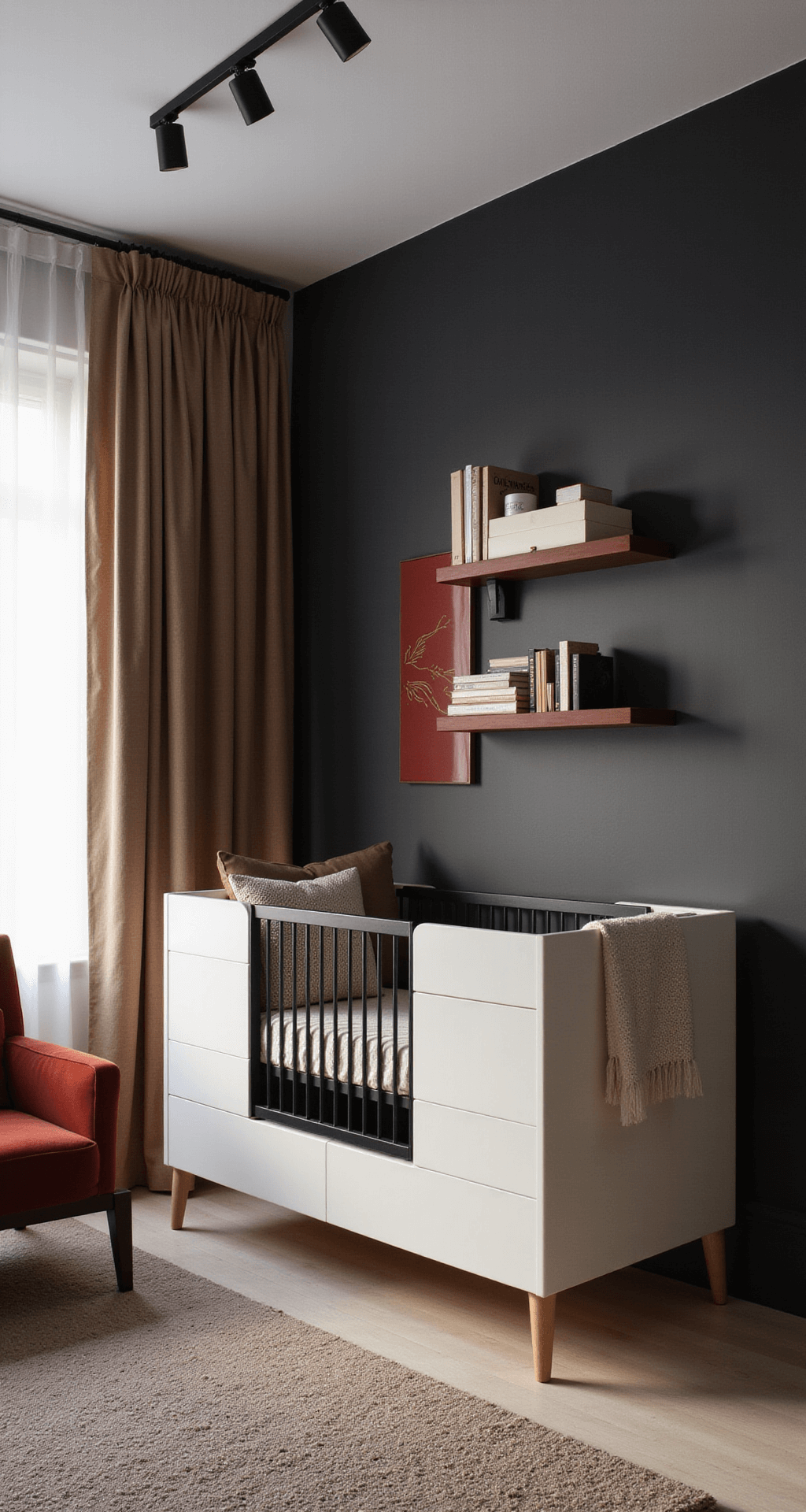 Moderne babykamer met dimbare LED-spots, zwarte stalen kozijnen en zandkleurige muren; minimalistisch wit ledikant, zwarte wandrekken met naturel accessoires, ocher velours fauteuil en rotan roomdivider.