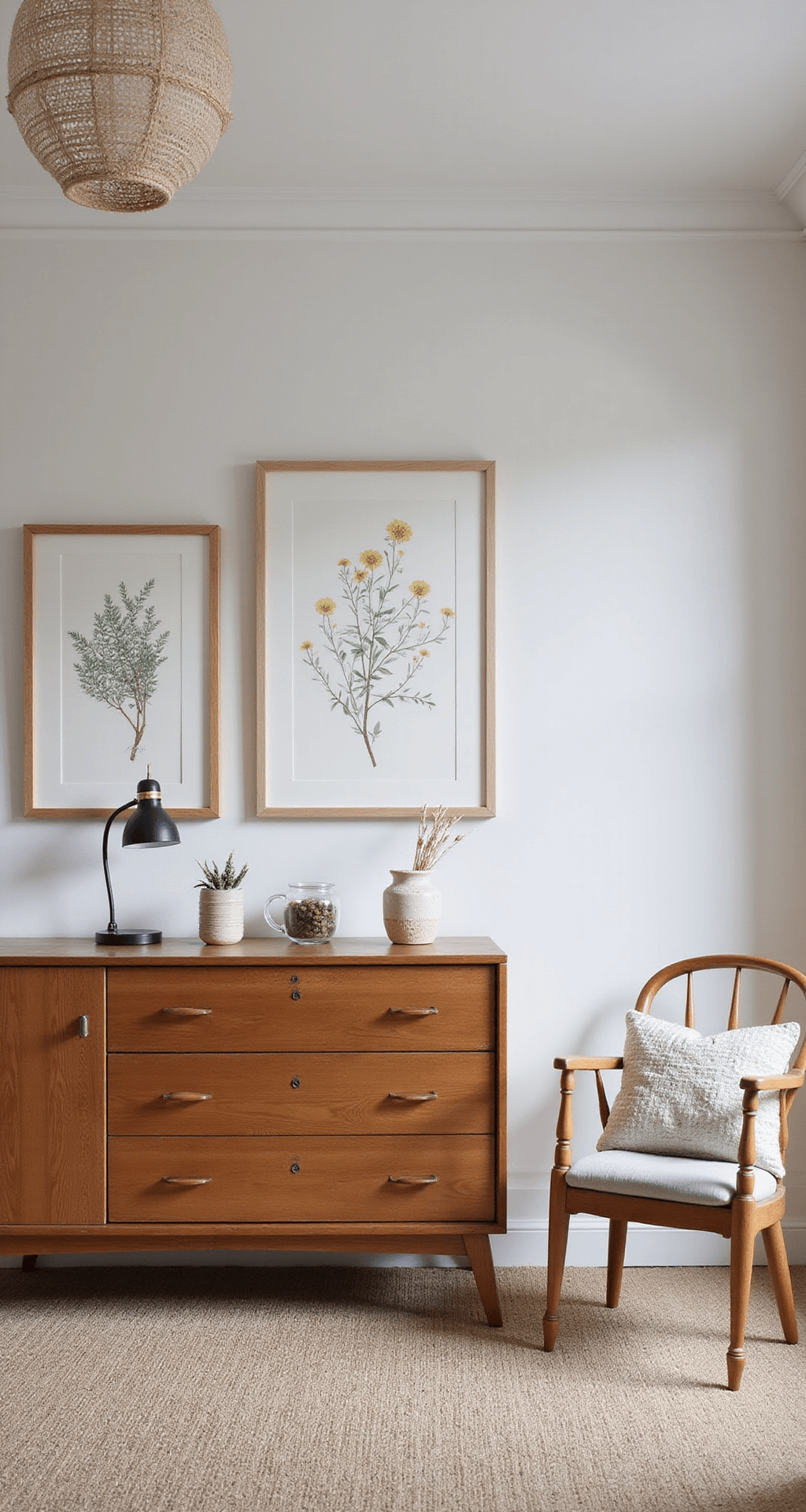 Zolderbabykamer van 4x6 meter met dakramen die ochtendzon laten binnenkomen, schuine wanden in warmwit, houten wanddecoratie in boswandeling thema, vintage commode in vergrijsd hout, botanische prints in lichte houten lijsten, wollen berber tapijt en linnen gordijnen in natuurtint, gefotografeerd met een groothoeklens voor ruimtelijk effect.