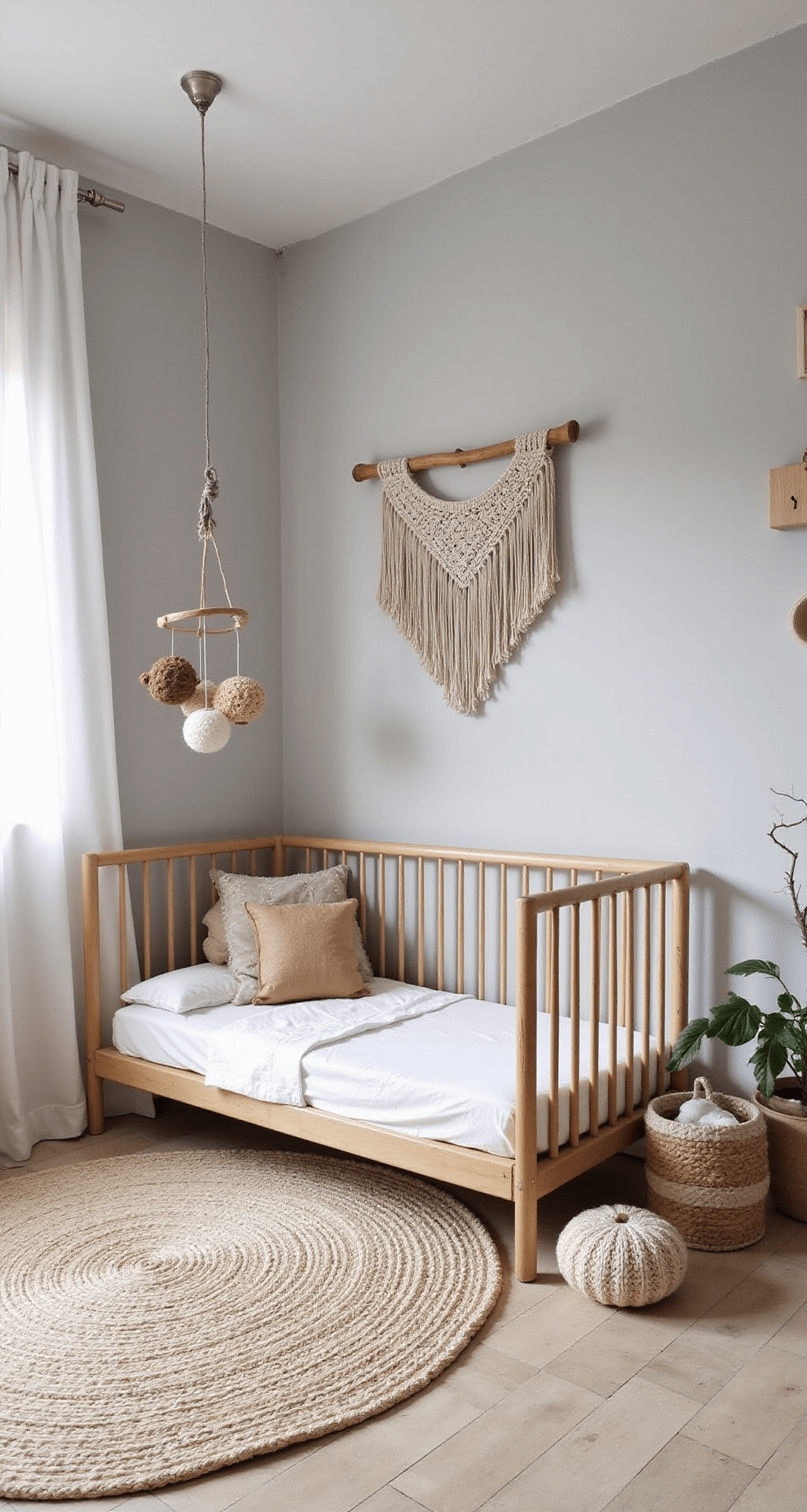 L-vormige babykamer met lichtgrijze muren, bamboe wandbekleding en safari thema. Rotan ledikant, macramé mobile met houten kralen, zithoek met lederen poef en geweven kussen, opname vanaf kledingkast naar speelhoek.