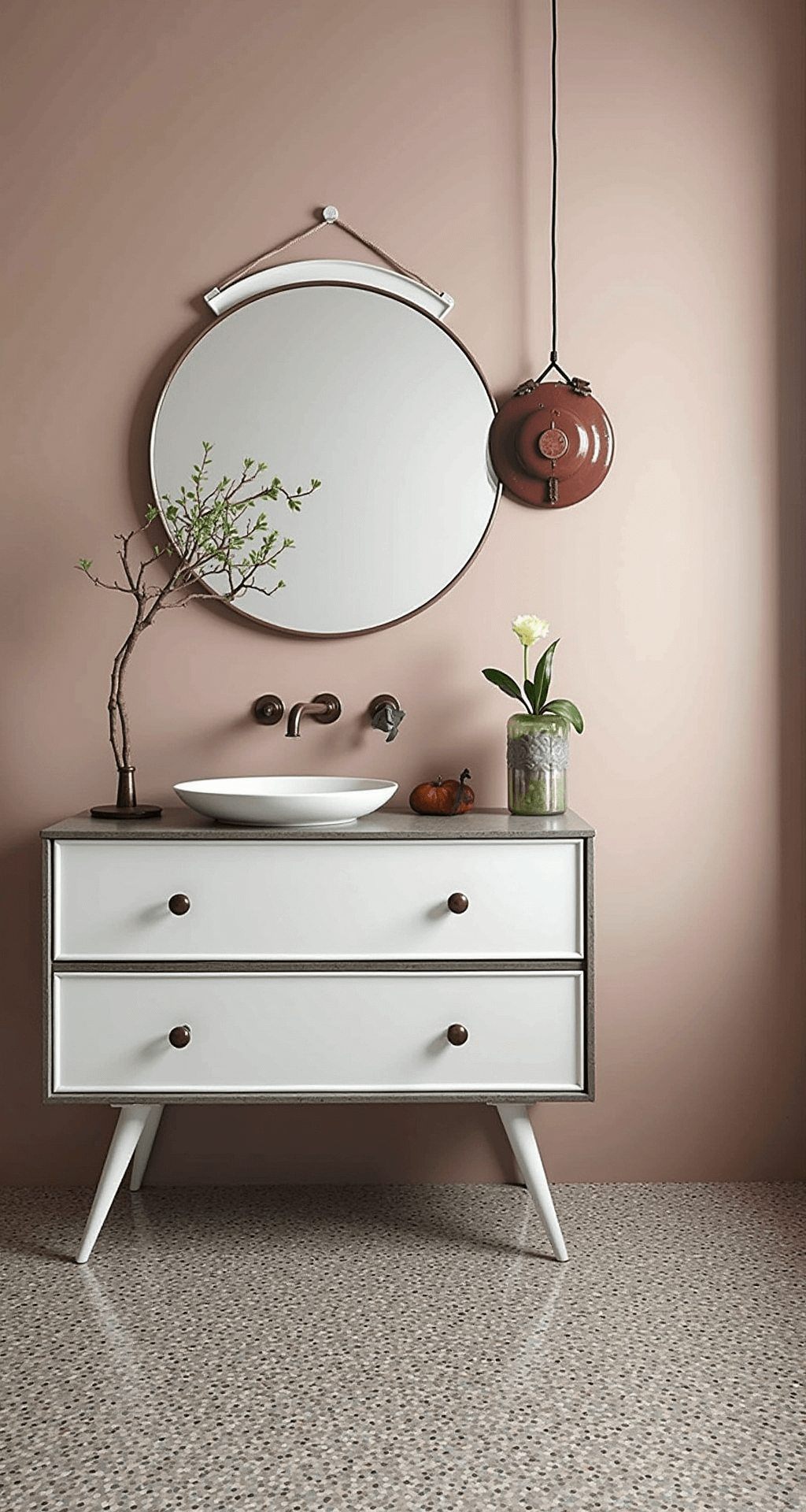 Rechthoekige babykamer met terrazzo vloer en zachtroze muren, ingericht met een wit metalen ledikant met koperen details, een vintage houten commode, een ronde rotan spiegel en een gevlochten lampenkap. Zachte tapijten in geometrische prints op de vloer, gefotografeerd op ooghoogte met nadruk op de textuurcontrasten in de zachte namiddagzon.