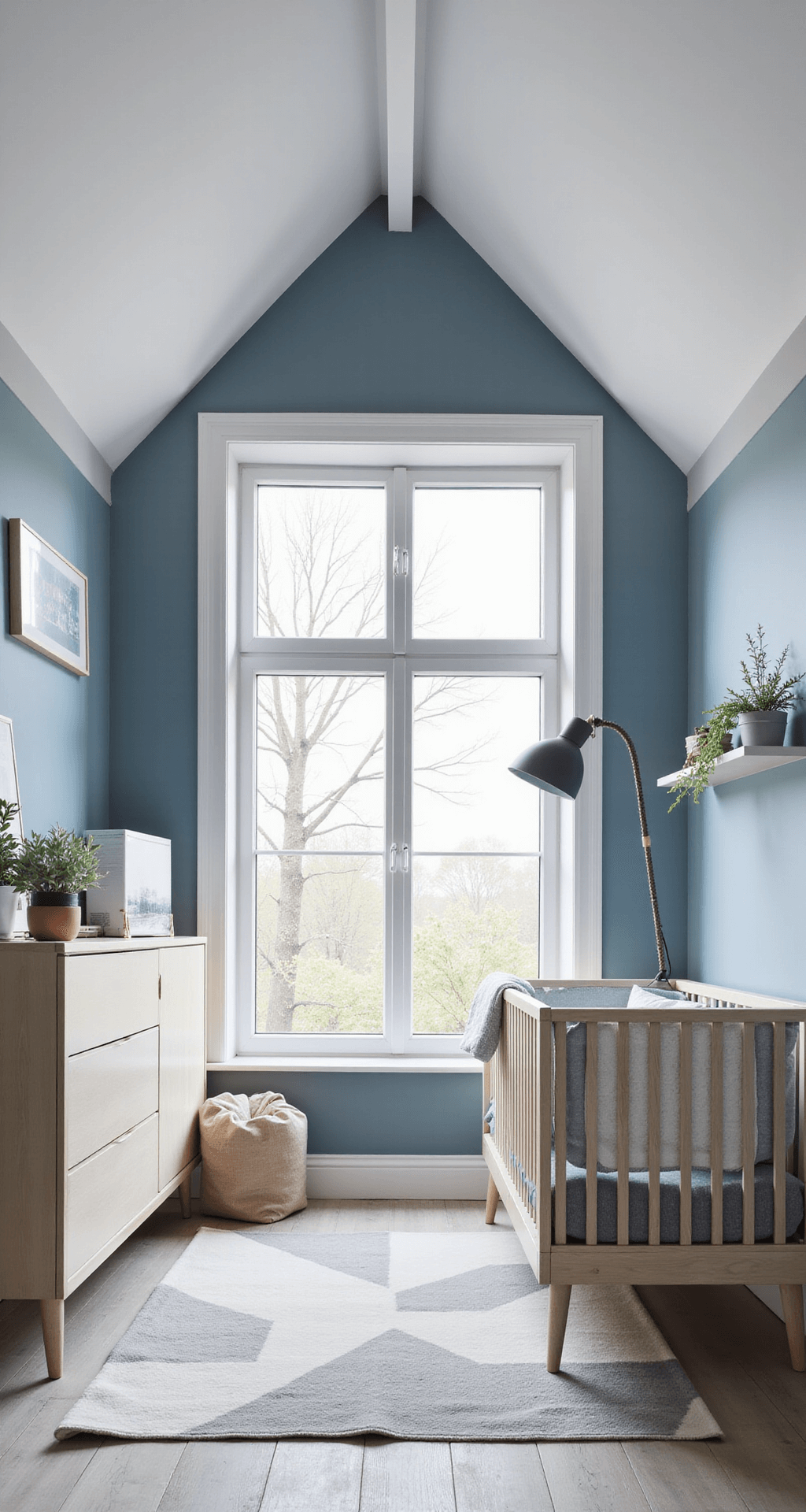 Babykamer Jongen Blauw: Dé Ultieme Gids voor een Droomkamer Moderne babykamer met hoge ramen, wit houten ledikant met lichtblauwe en grijze bedtextiel, natuurlijke eiken commode, juten vloerkleed, petrolblauwe accentmuur met sterren, rieten hanglamp, ooghoogte camera perspectief.