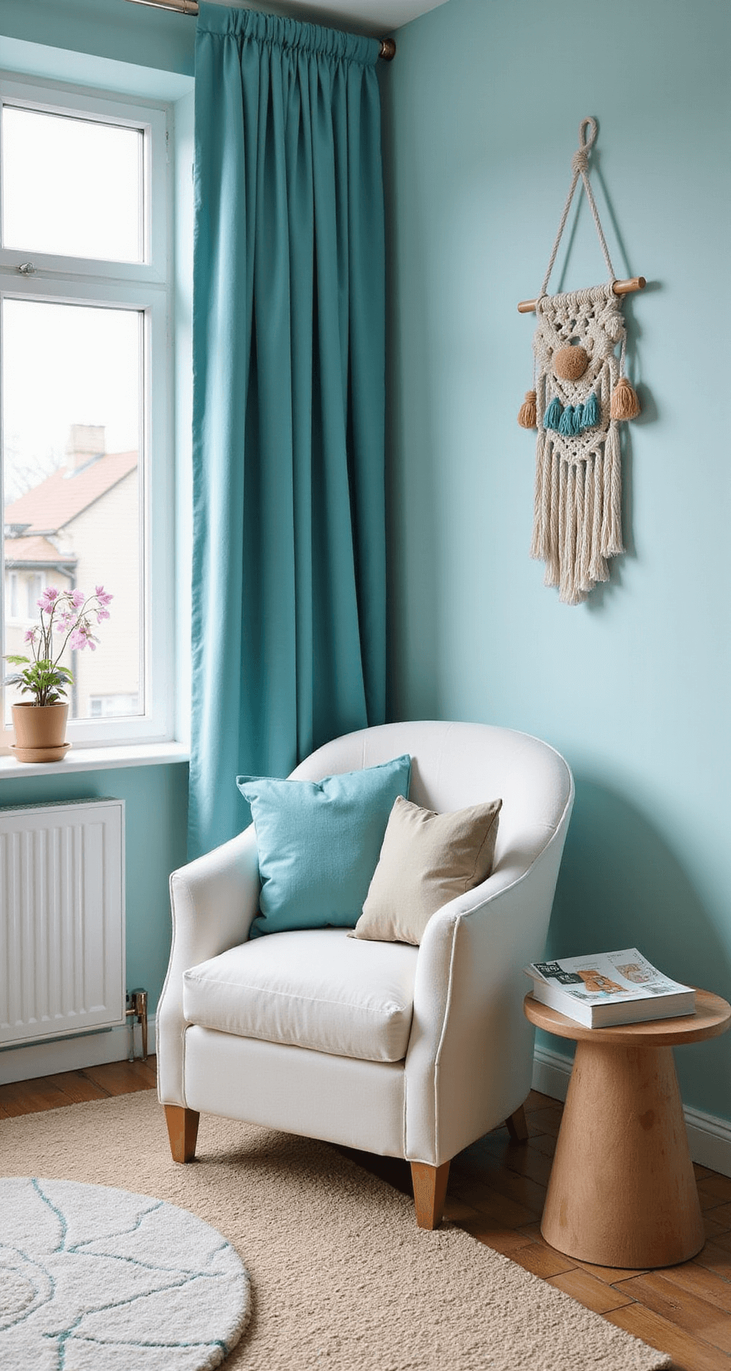 Babykamer Jongen Blauw: Dé Ultieme Gids voor een Droomkamer Intieme hoek van een babykamer met een schommelstoel, turquoise en lichtblauwe muur, macramé wandhanger en bamboe bijzettafel, vastgelegd tijdens het gouden uurtje.