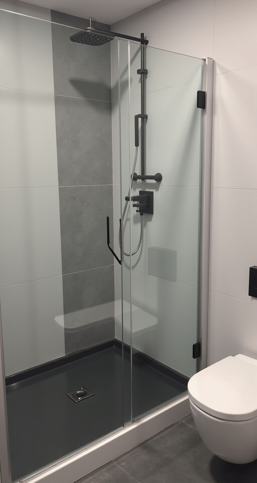 Minimalistische badkamer met hoek-inloopdouche en rookglas panelen, groot dakraam boven de douche, warme epoxy gietvloer, zwevend toilet en LED-verlichting.