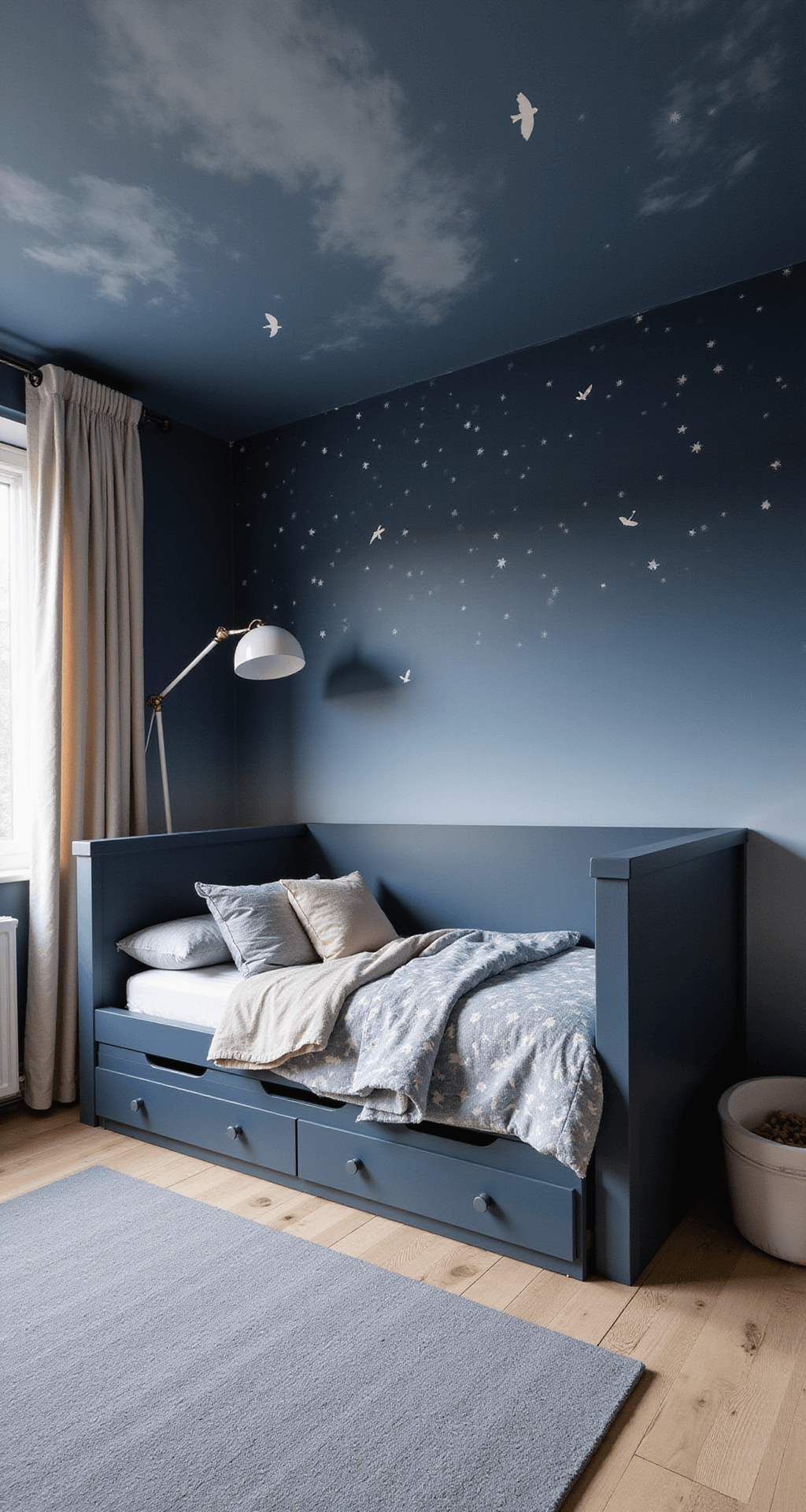 Babykamer Jongen Blauw: Dé Ultieme Gids voor een Droomkamer Moderne kinderkamer in avondlicht met navy blauwe bedbank, sterrenhemel, speelhoek en ombré muren van diepblauw naar hemelsblauw, gezien vanuit vogelperspectief.