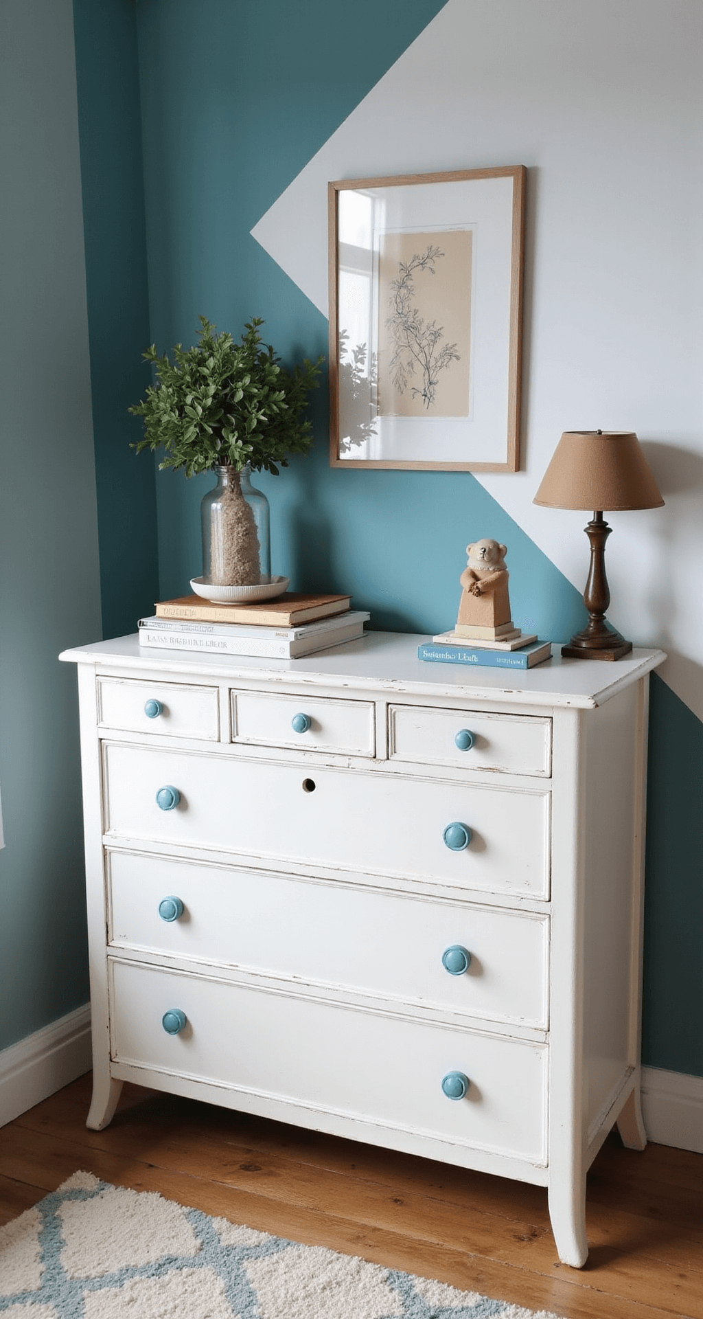 Babykamer Jongen Blauw: Dé Ultieme Gids voor een Droomkamer Vierkante babykamer met vintage commode in gebroken wit en blauwe knoppen, okergele accenten, geometrische muurschildering in babyblauw en petrol, natuurlijk geweven mandje en zandkleurige linnen gordijnen, gefotografeerd vanuit het frontaal perspectief op de commode gericht.