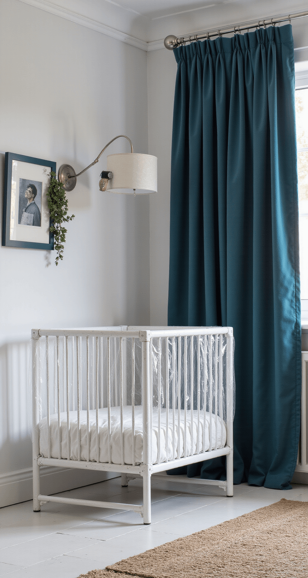 Babykamer Jongen Blauw: Dé Ultieme Gids voor een Droomkamer Compacte babykamer in schemering met wit metalen ledikant en transparante tule hemel. Petrolblauwe lambrisering en poederblauwe krijtverf op de muren, vintage zeekaart als wanddecoratie, en koperen details in lampen en accessoires. Velours gordijnen in nachtblauw, gefotografeerd vanuit een hoek voor diepte. Maritieme elegantie.