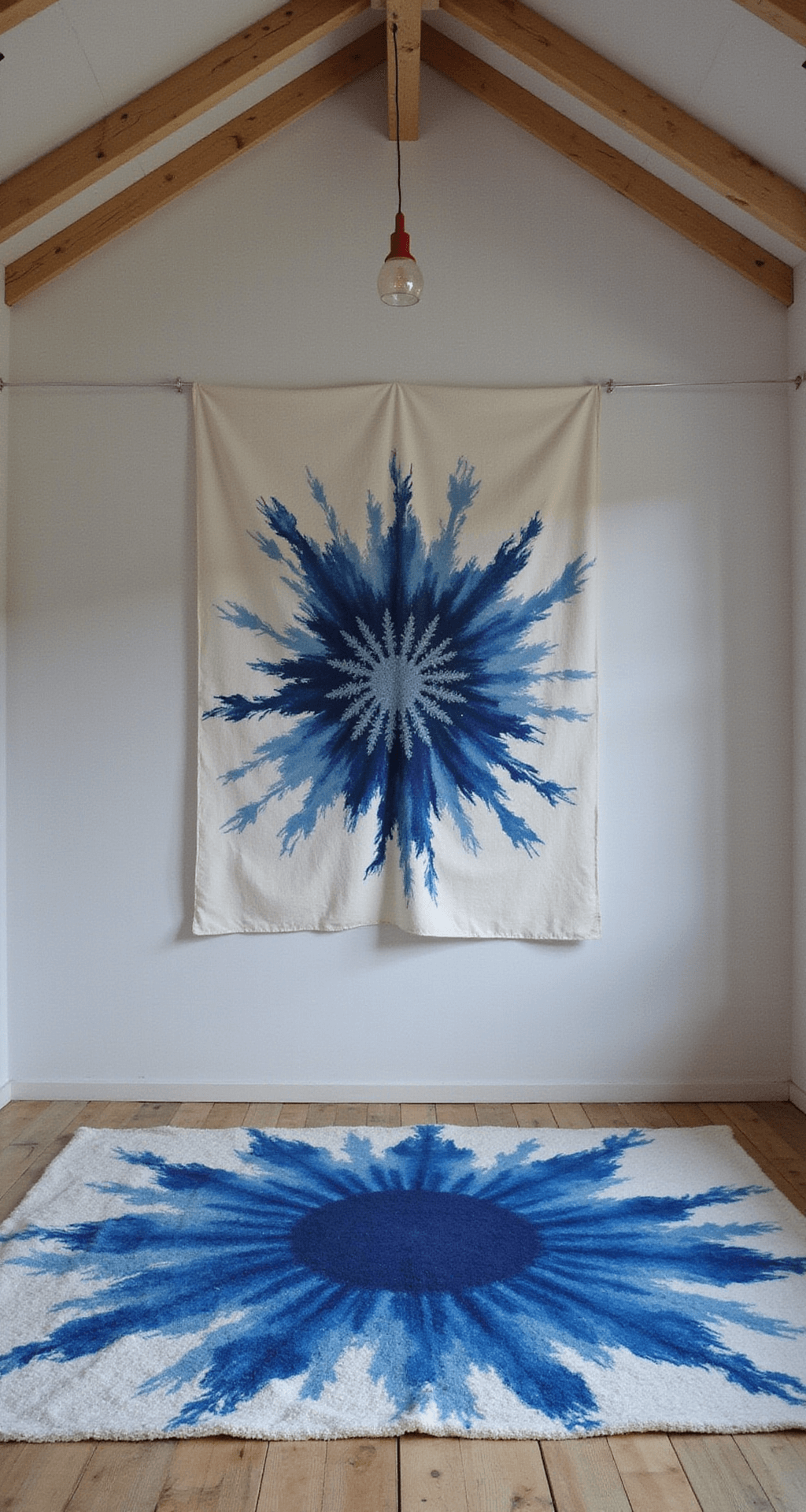 Babykamer Jongen Blauw: Dé Ultieme Gids voor een Droomkamer Dromerige zolderkamer met dakramen, schuine hemelsblauwe wanden met witte wolken, een rond boxkleed in blauwtinten, een houten schommelwieg met transparante hemeldoek, en een rotan lampenkap die sterpatronen werpt. Tekstiele kunst in indigoblauw siert de muur, terwijl de avondzon een rustgevende sfeer creëert.