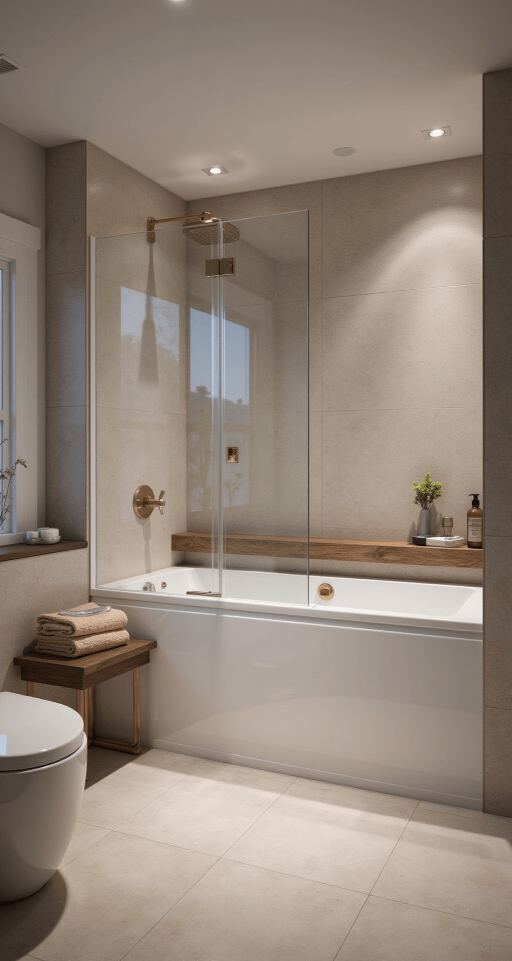 Luxueuze spa-badkamer met dubbele inloopdouche, mozaïektegels in parelmoer, verzonken LED-verlichting, zwevende bamboe bank, eucalyptustakken in hoge vazen, gouden hardware en aromatherapie dispensers, sfeervol verlicht in schemering.