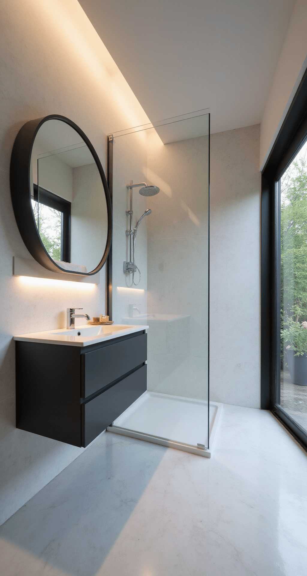 Moderne kleine badkamer met inloopdouche in hoekopstelling, witte marmerlook tegels, glazen douchewand met matzwarte profielen, zwevende wastafelmeubel en warme ochtendzon die zachte schaduwen creëert.
