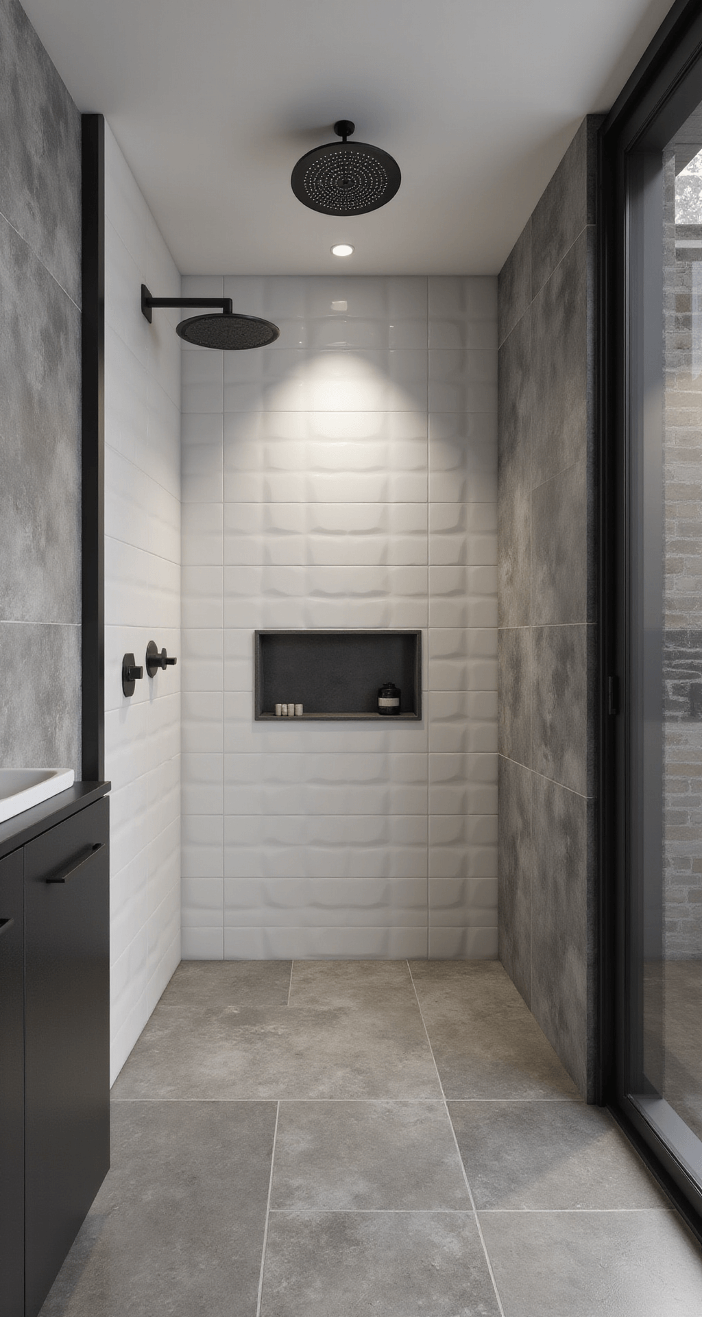 Compacte badkamer met hoekopstelling en vaste zijwand, verlicht door laat middaglicht. Geometrische grijze vloertegels contrasteren met grote witte wandtegels. Ingebouwde douchenis met LED-verlichting, zwevende licht eikenhouten planken, en matzwarte kranen en douchegarnituur. Groothoeklens legt dramatisch zijlicht vast dat de texturen accentueert.