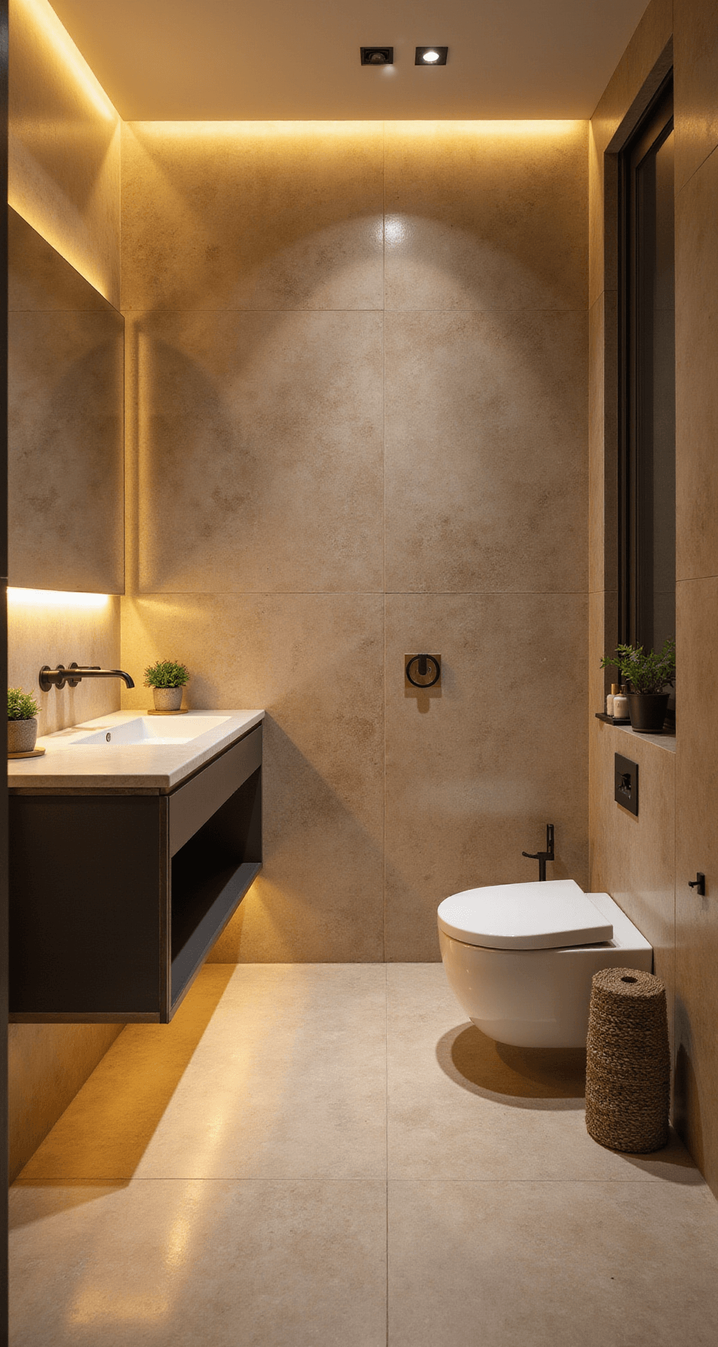 Luxe kleine badkamer met parelmoerwitte hexagonale wandtegels en visgraatvloer, gouden accenten in kranen, een regendouche met LED-verlichting, en een spiegelkast met geïntegreerde verlichting, vastgelegd tijdens het gouden uur met dramatisch tegenlicht.