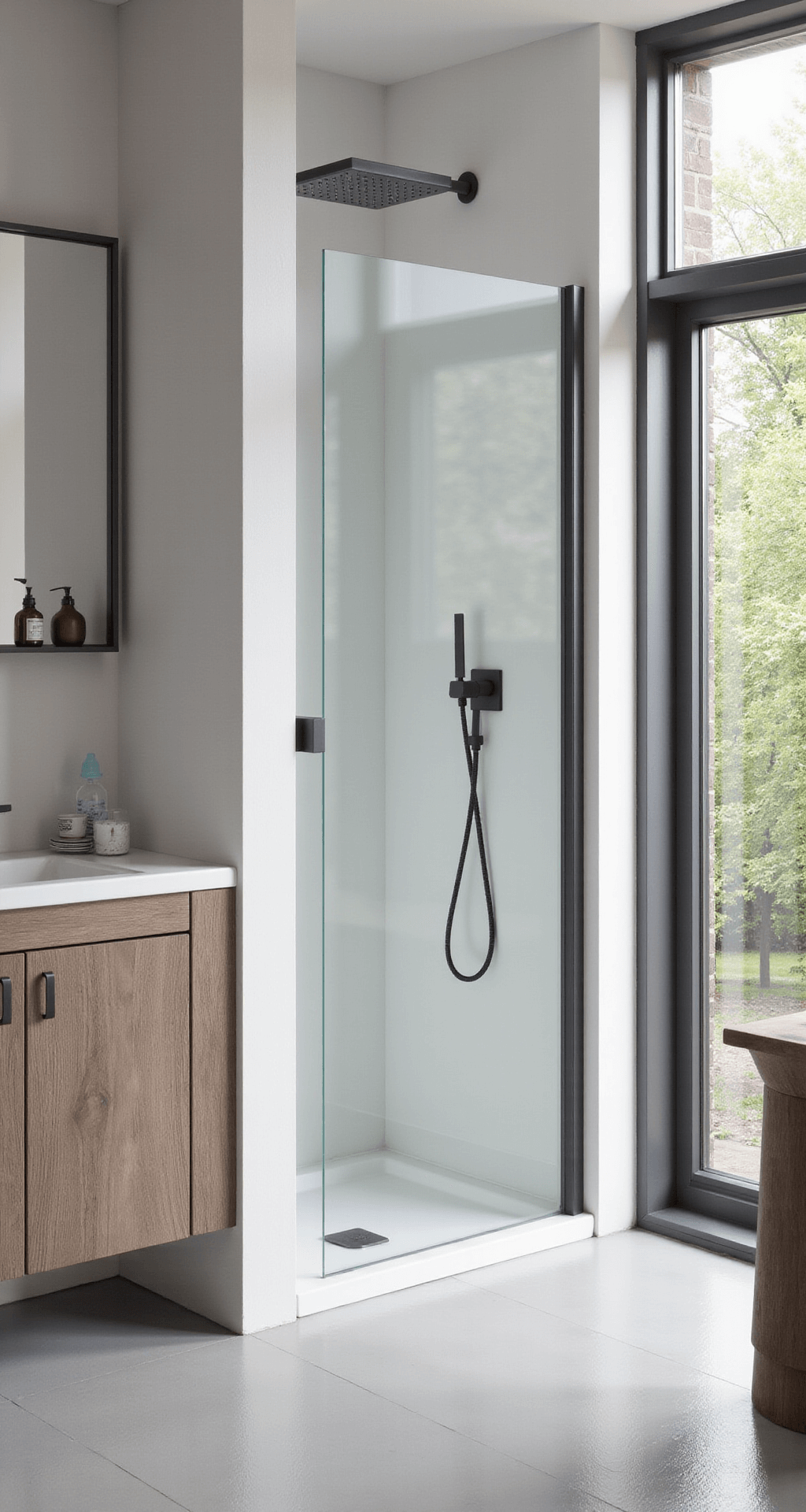 Scandinavische badkamer met inloopdouche, lichte houtlook vloertegels, matte witte wandtegels en glazen douchewand met zwart industrieel frame; close-up met natuurlijk licht door dakraam.