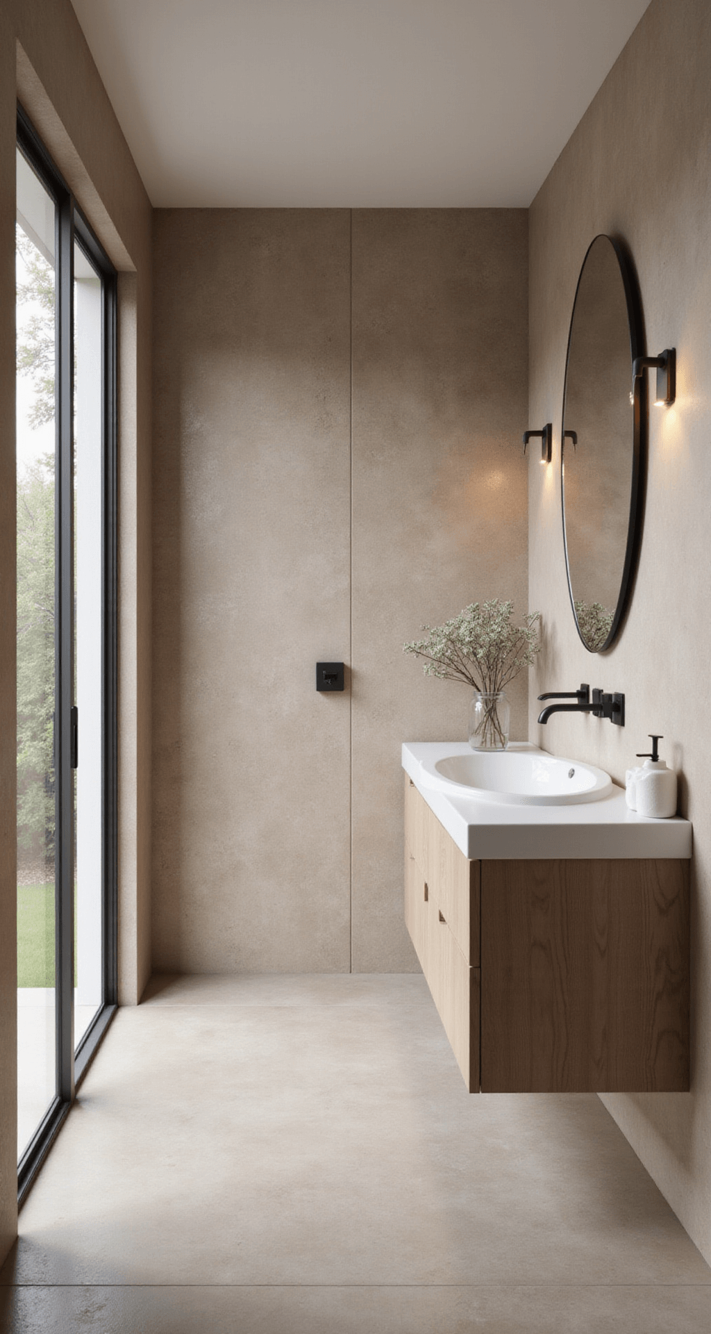 Ruime vierkante badkamer in ochtendlicht met natuursteenlook tegels, vrijstaand ovaal bad, dubbele wastafel in beige composiet, houten badmeubel en sfeervolle styling met handdoeken en eucalyptustak.