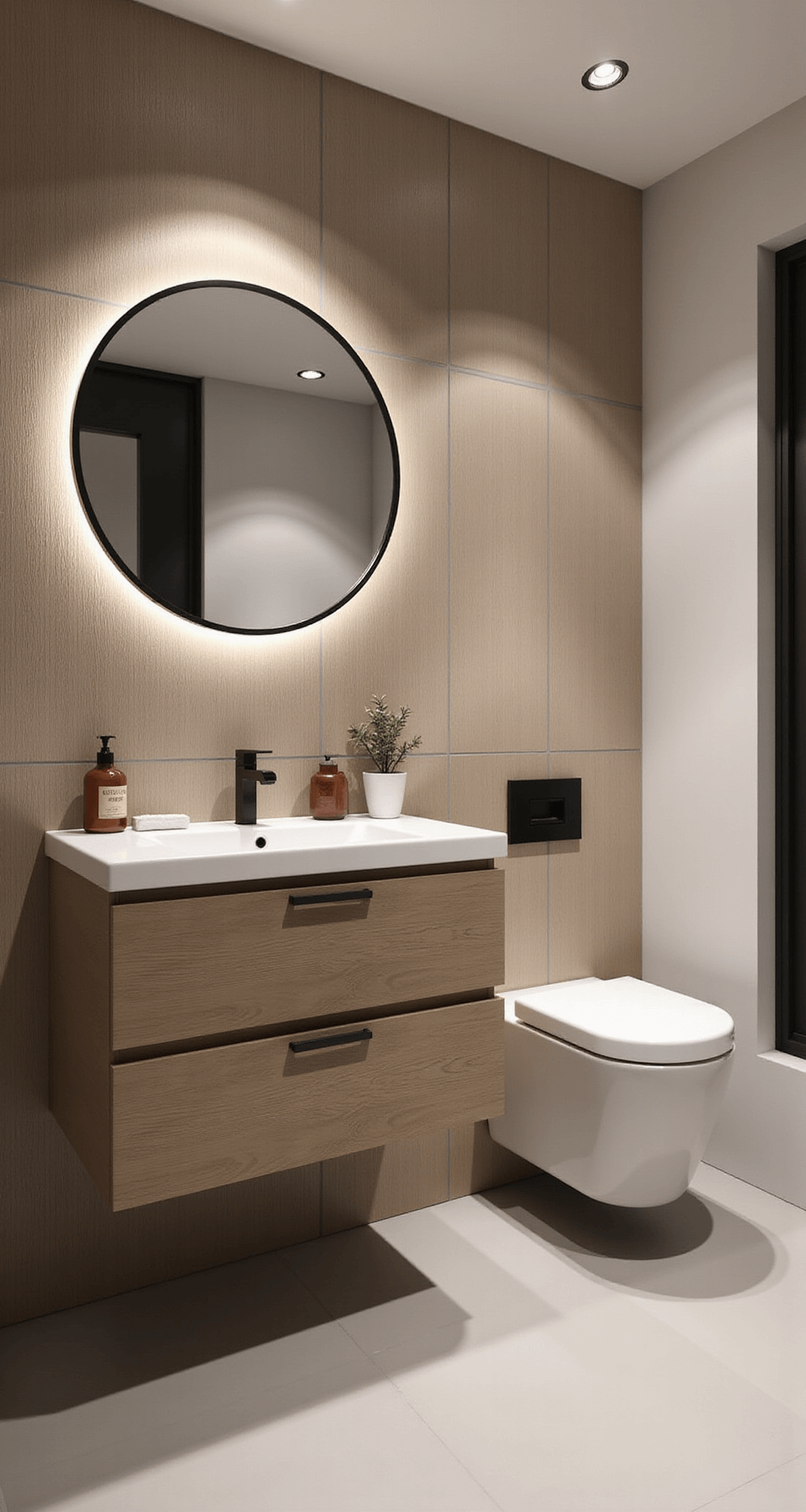 Compacte badkamer van 2.5x2m in avondverlichting, met zandkleurige tegelvloer in visgraatpatroon en wandtegels tot 1.20m hoog, daarboven kalkverf. Zwevend eiken badkamermeubel met beige waskom, ronde spiegel met LED-verlichting en zwarte accenten in kranen en handdoekrek. Geaccentueerd met terracotta accessoires en linnen handdoeken in aardetinten.