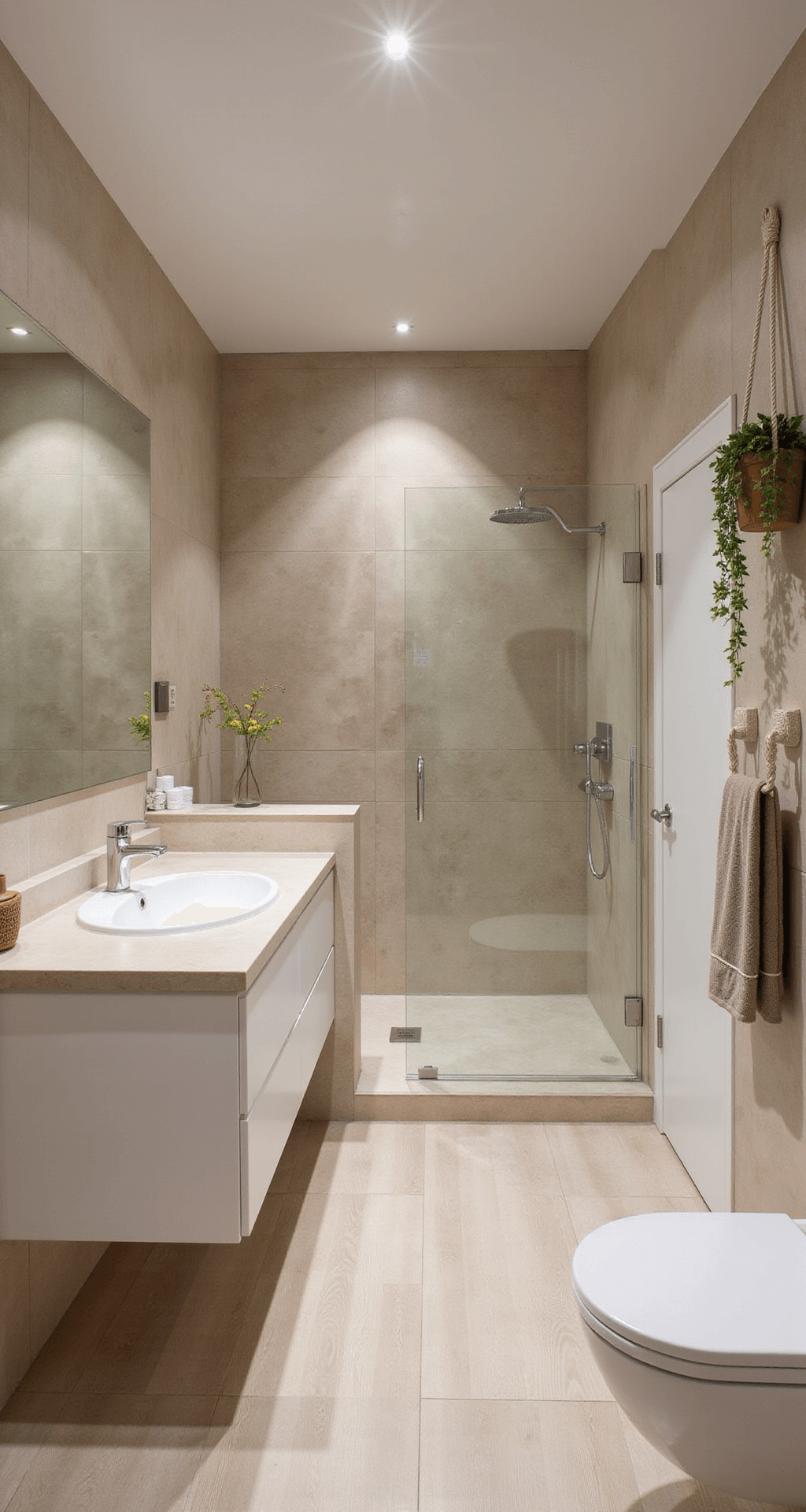 Luxe familiebadkamer met grote beige gietvloer, inloopdouche met glazen wand, dubbele wastafel, spiegelwand met indirecte verlichting en vrijstaand bad onder dakraam, gestyled met houten krukje en hangplanten.
