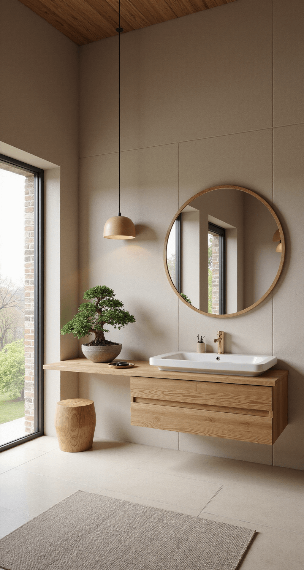 Zen-geïnspireerde badkamer in Japandi stijl met beige steenlook tegels, een centraal geplaatst houten ofuro bad, een minimalistisch wastafelmeubel van licht bamboe, en een schuifpaneel met rijstpapier. Decoratie met bonsai op een houten plateau, een traditionele houten kruk, en natuurlijke spons en zeep accessoires.