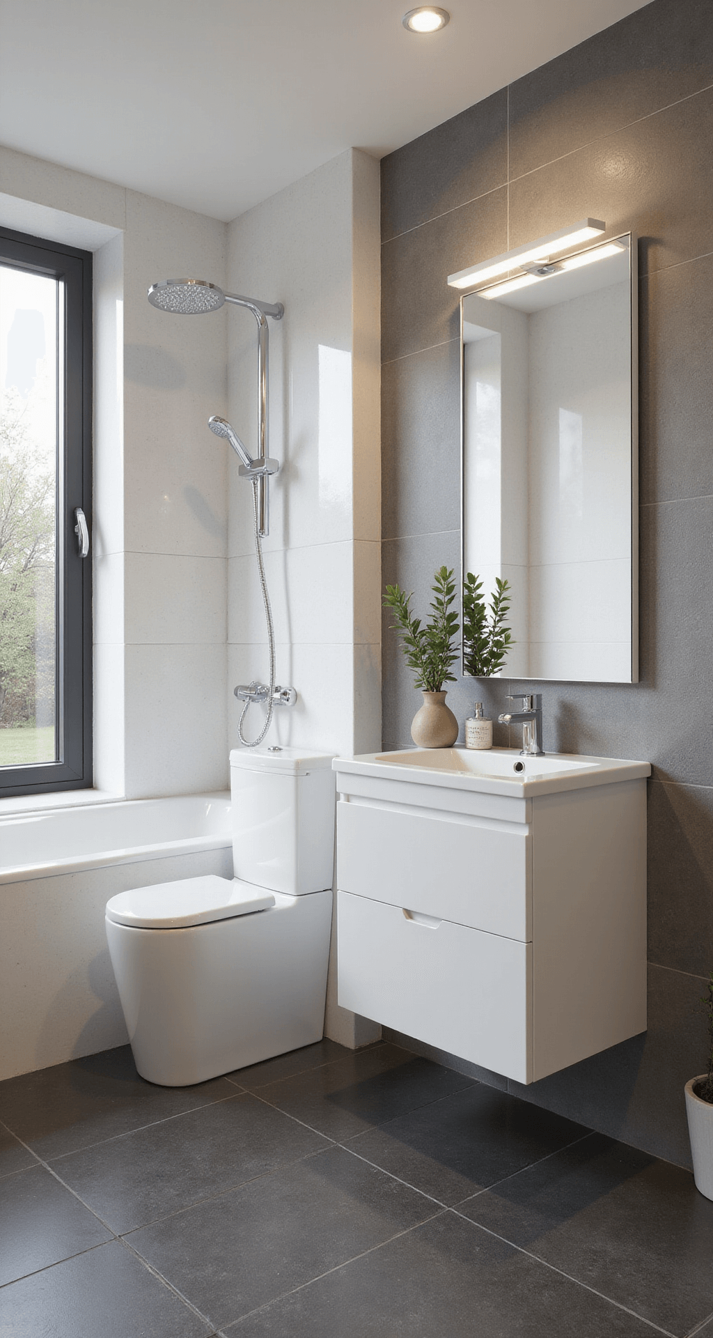 Compacte moderne badkamer met witte marmeren wandtegels en matzwarte vloertegels, voorzien van een zwevend toilet, een lichtgrijs eikenhouten wastafelmeubel en een grote wandspiegel met LED-verlichting, gefotografeerd in warm ochtendlicht.