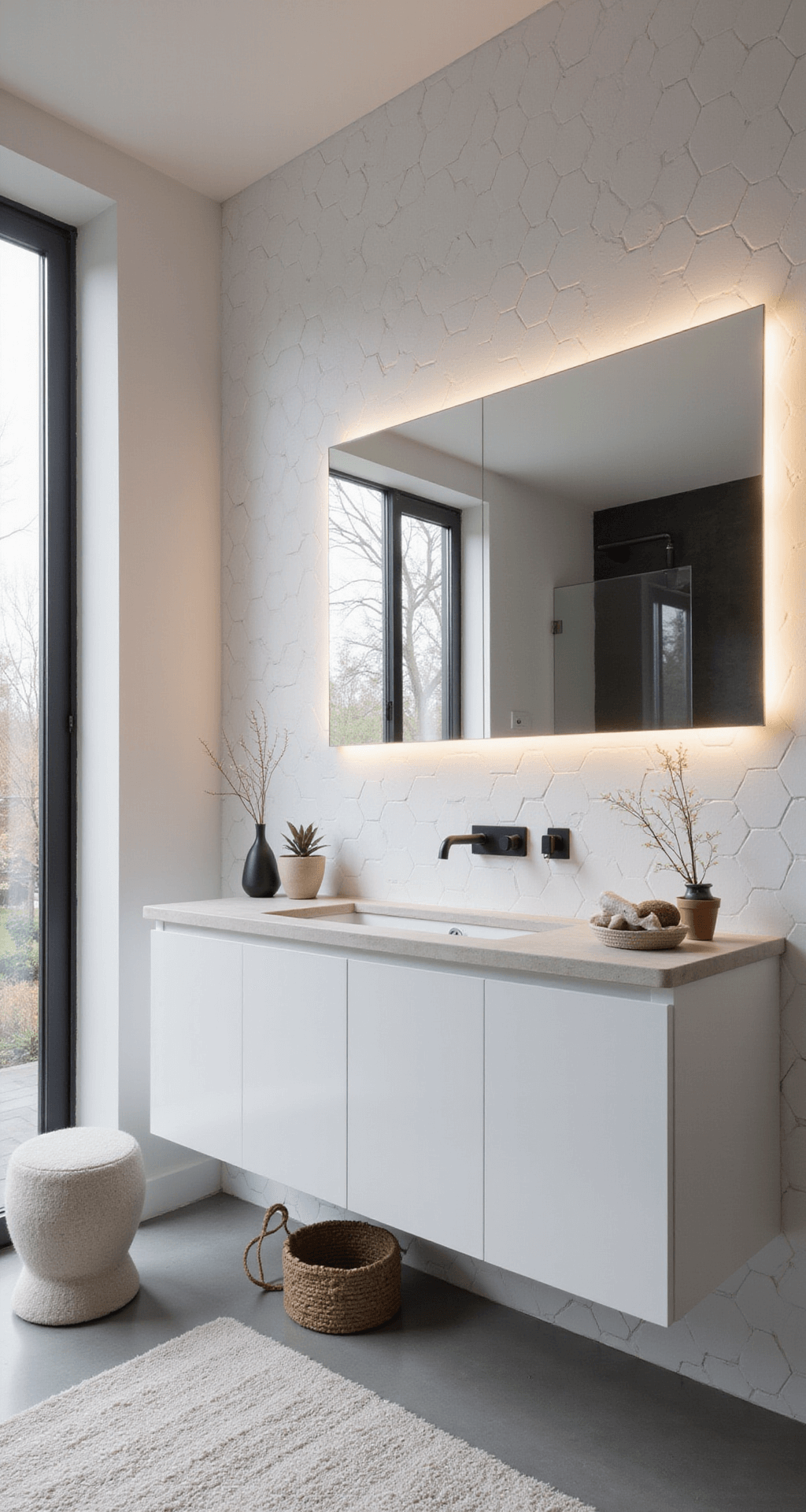 Scandinavische badkamer van 2x3m met hexagonale witte wandtegels en lichtgrijze voegen, een vrijstaande wastafel met eiken onderkast, ingebouwde nisjes met LED-verlichting, en een grote spiegelwand met dubbele wastafel, stijlvol ingericht met linnen handdoeken in zandtinten en kleine vetplanten in betonnen potten, gefotografeerd in natuurlijk licht vanuit de deur.